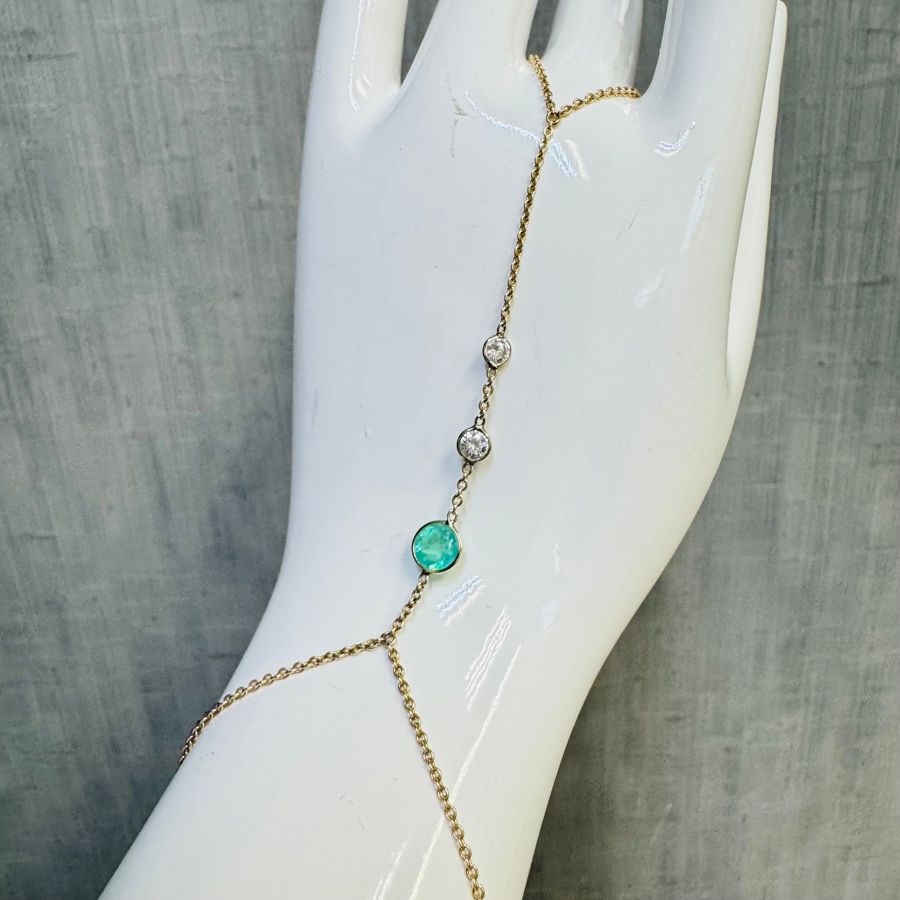 14K Yellow Gold Emerald and Diamond Handchain
