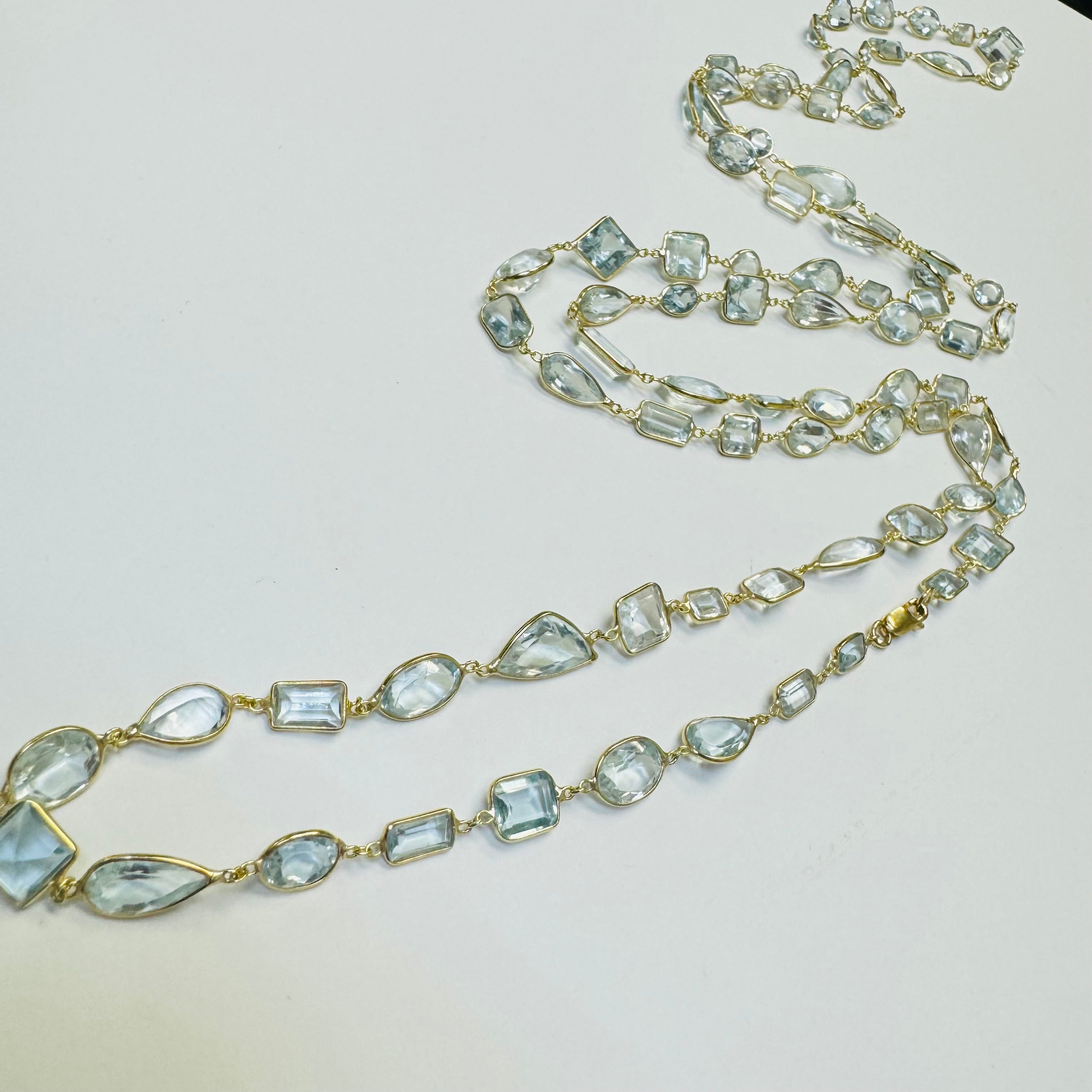 Natural 105 Carats of Aquamarine Solid 18K Yellow Gold By the Yard Necklace Super Long Necklace 42"