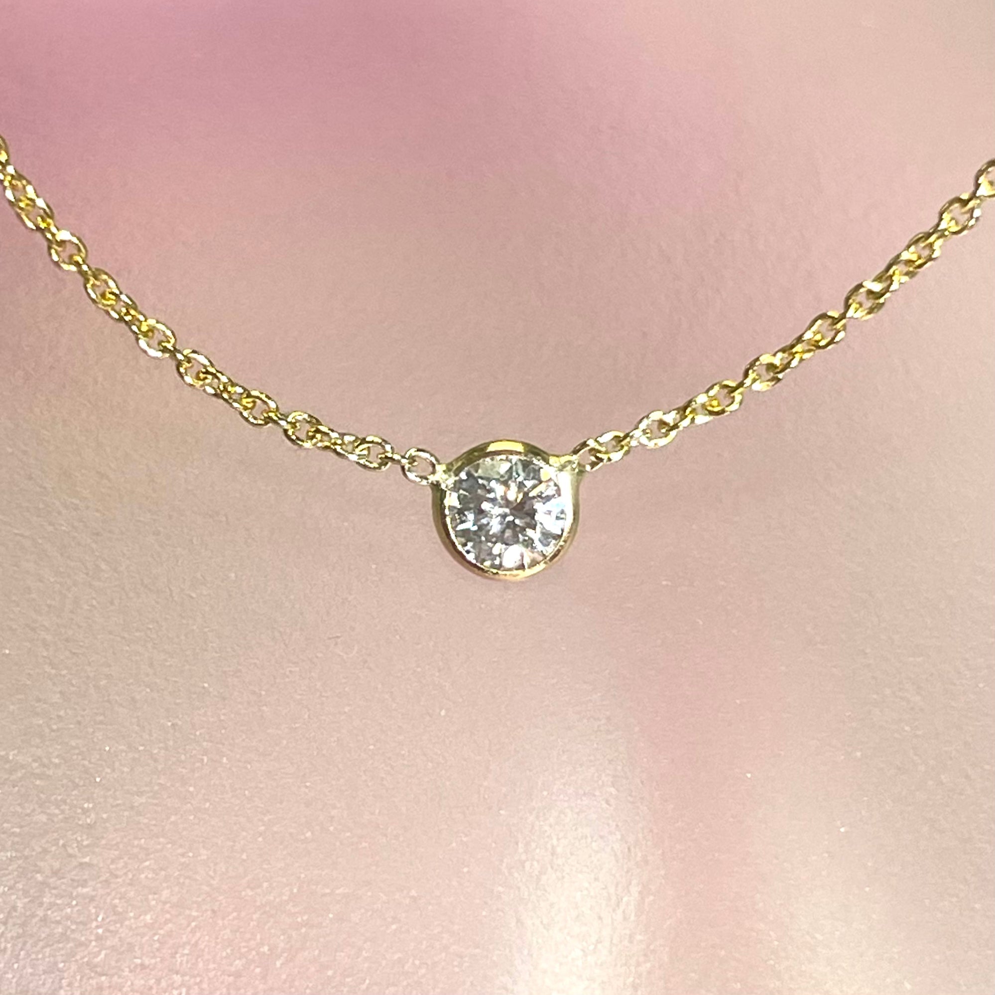 .15CT Natural Round Diamond 14K Yellow Gold Solitaire Necklace 18"
