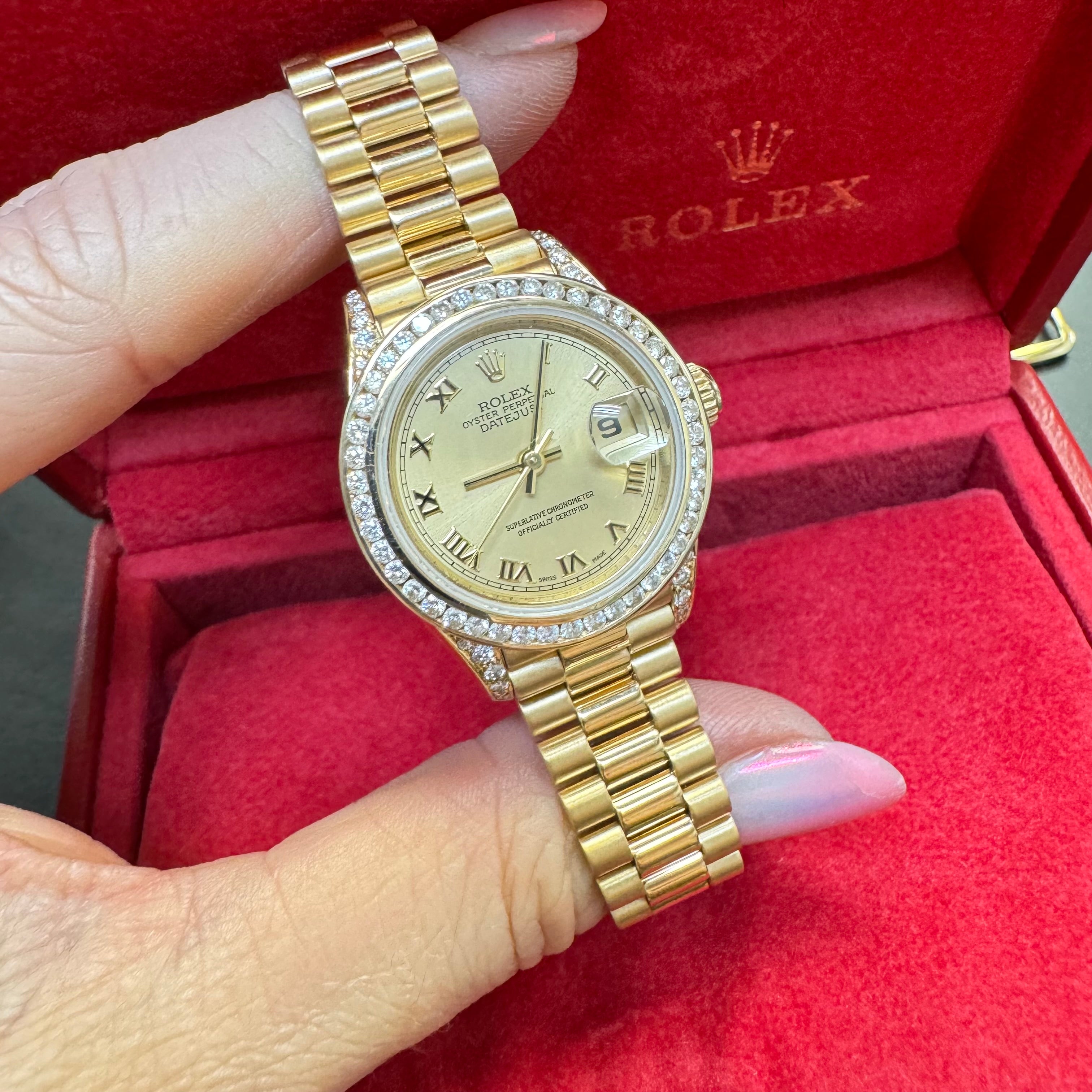 26mm Ladies 18K Gold President DateJust Watch 1996 Diamond Bezel