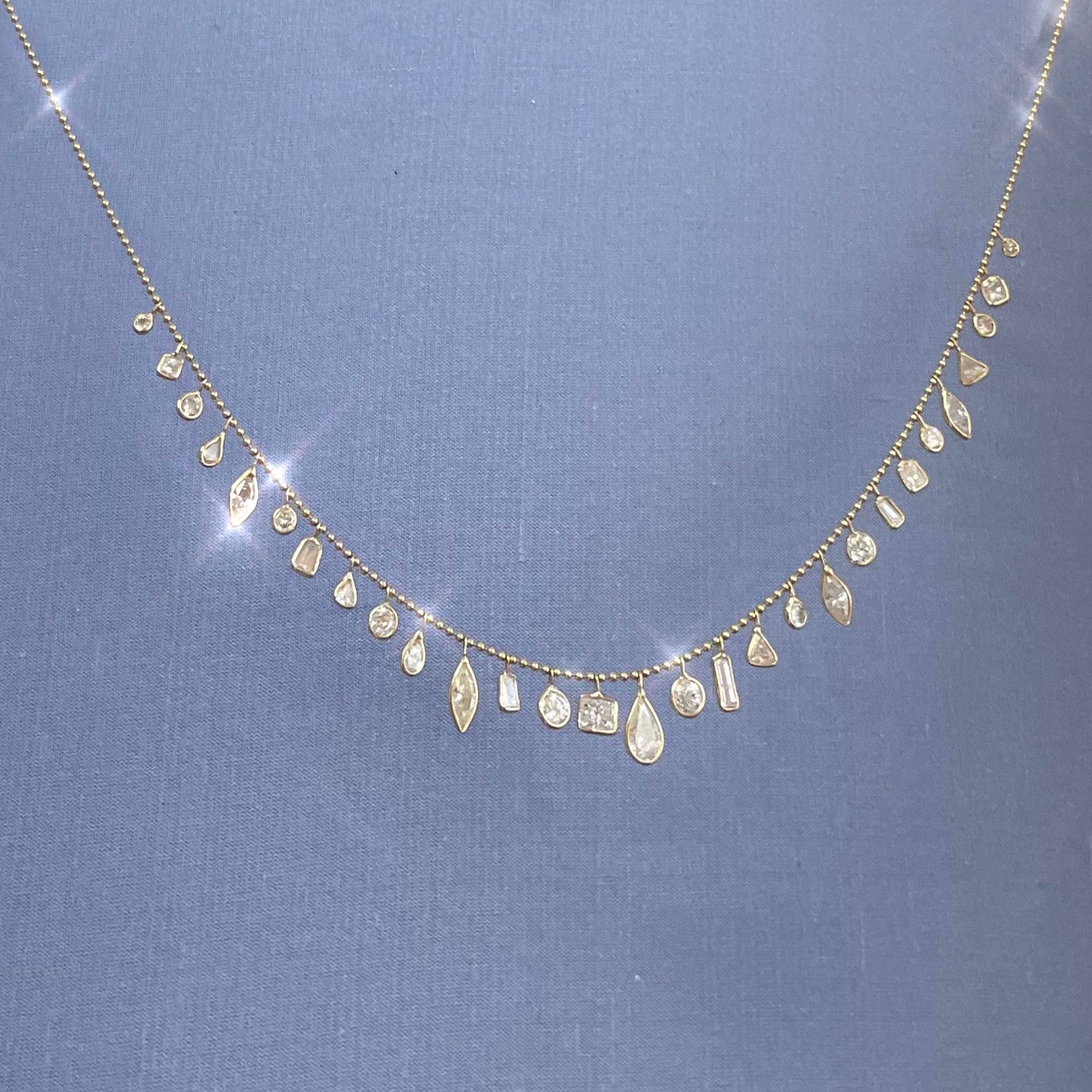 4.8CT Multi Shape Dangling Diamond Fringe 16” 18K Yellow Gold Necklace Heart Pear Trillion Old Mine Cut  Marquis Emerald Princess