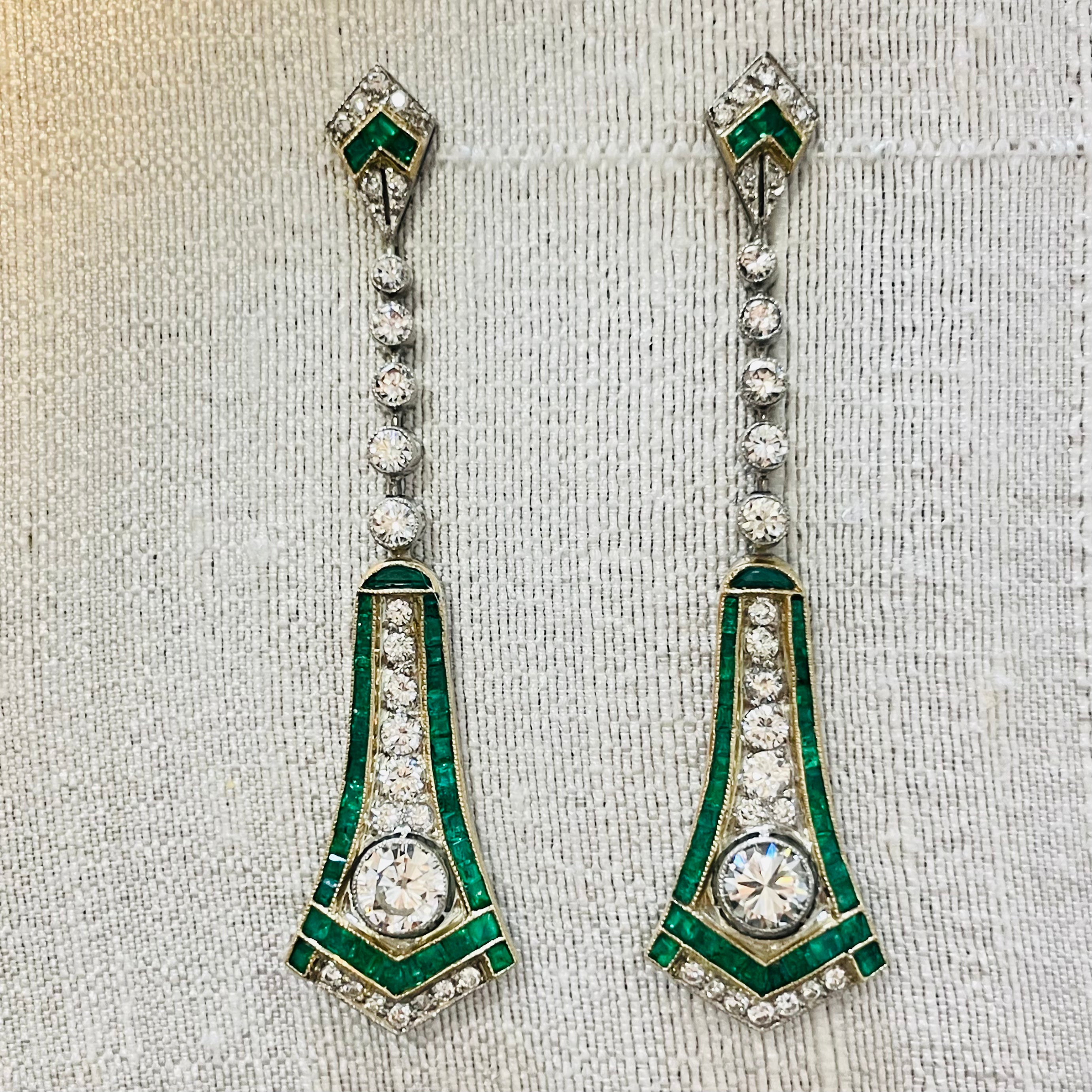 Amazing Art Deco Style Long Emerald and Diamond Drop Earrings in 18K Yellow Gold and Platinum