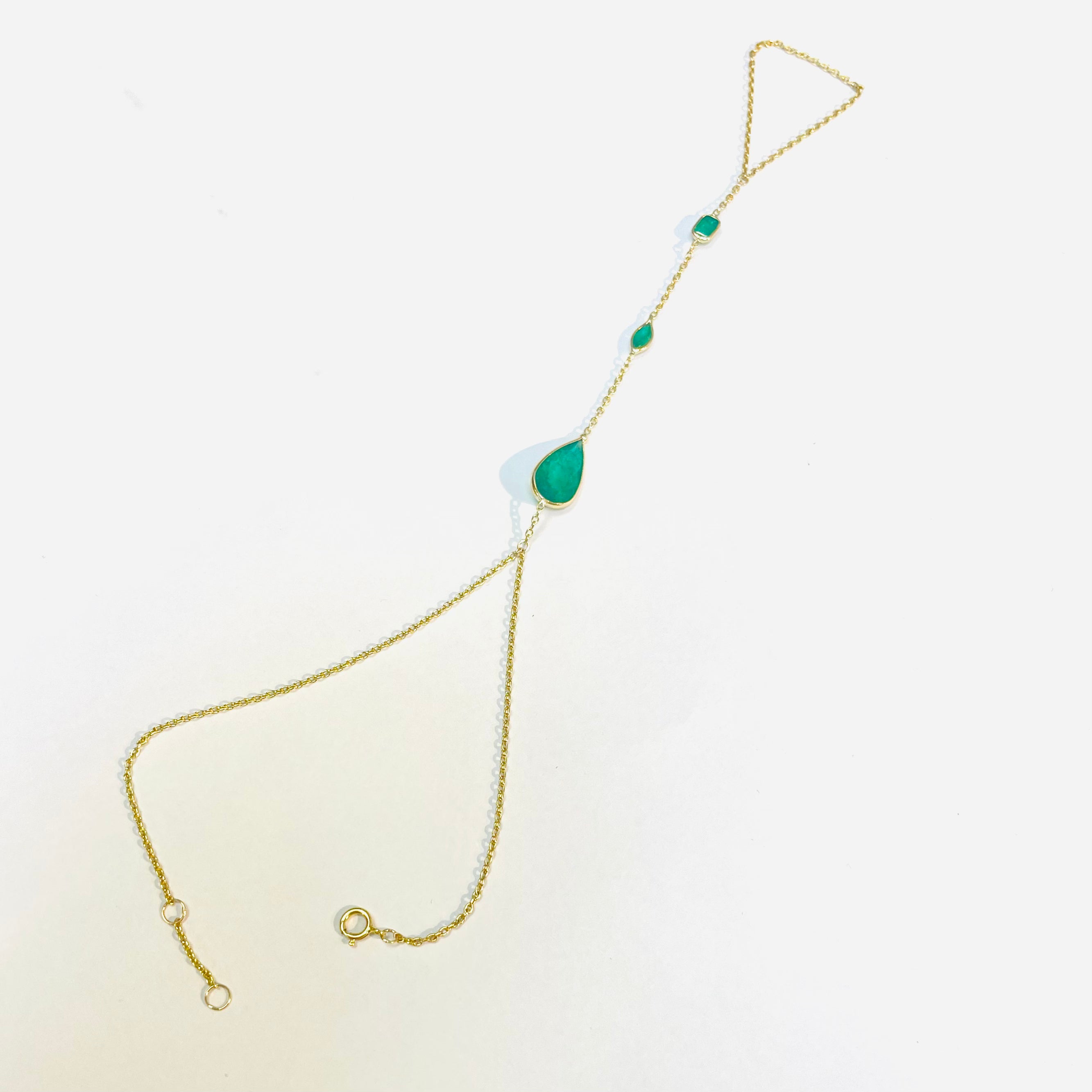 14k Yellow Gold 3 Stone Colombian Emerald Handchain