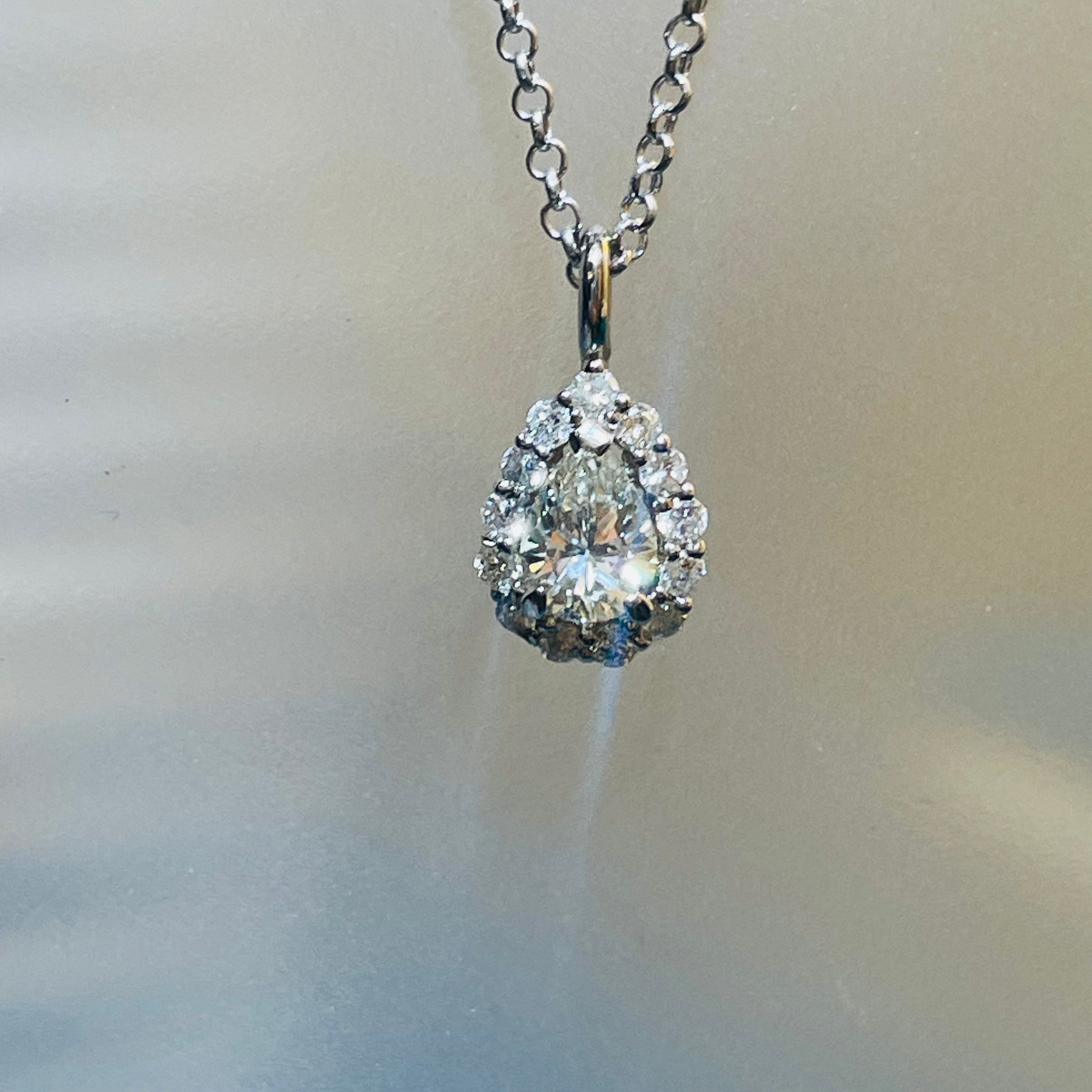 Natural GIA Certified Pear Diamond Halo Pendant in 14K White Gold