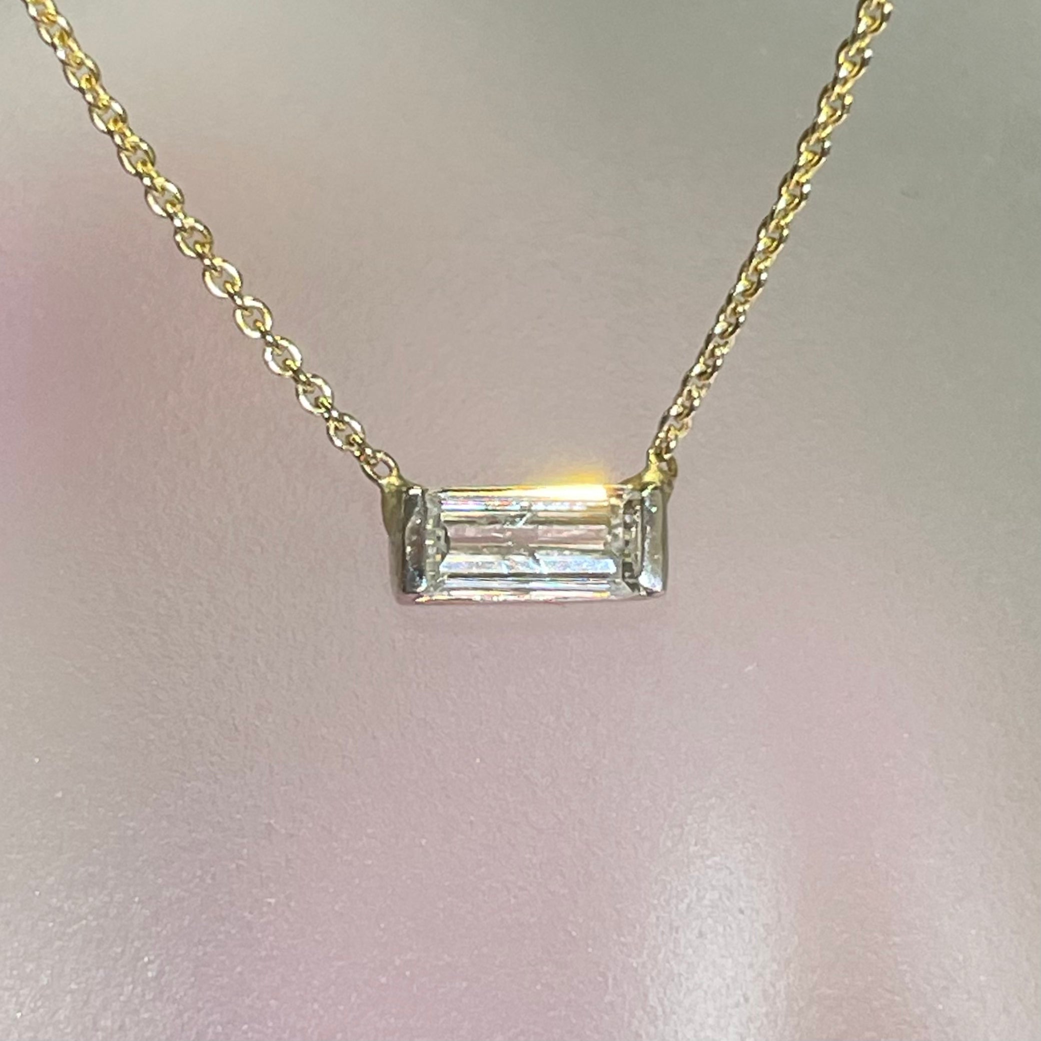 .30CT Natural Diamond Baguette 14K Yellow Gold Solitaire Necklace 16”