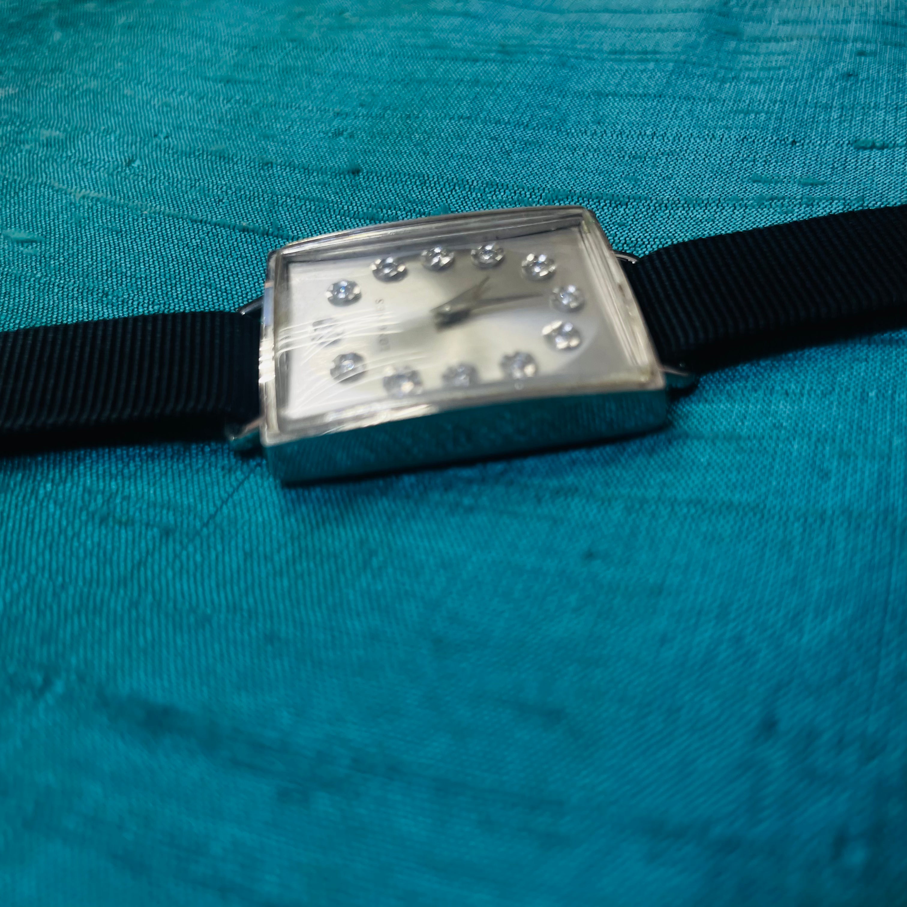 24mm Vintage Longines Diamond Dial 14K White Gold Ladies Tank Wristwatch