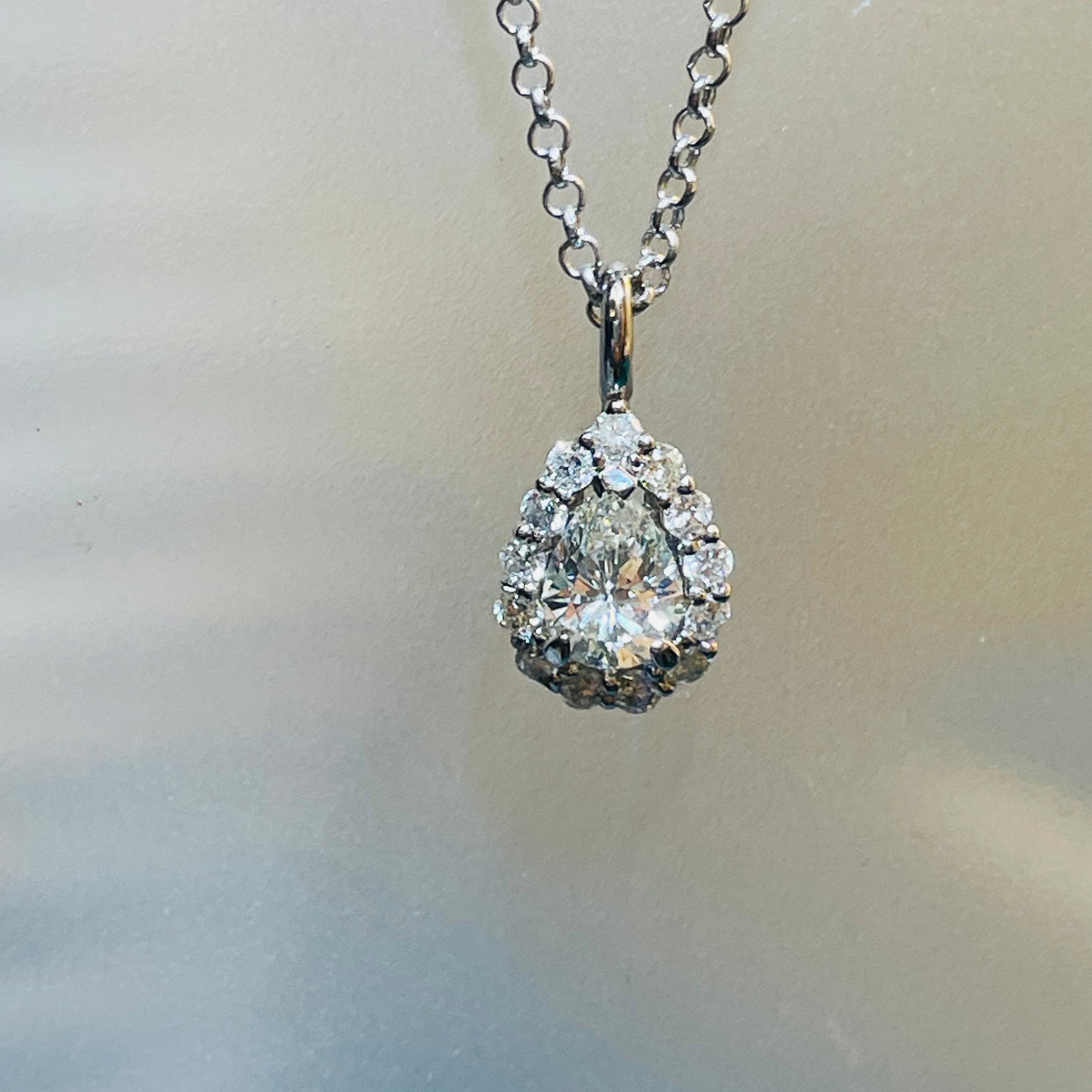 Natural GIA Certified Pear Diamond Halo Pendant in 14K White Gold