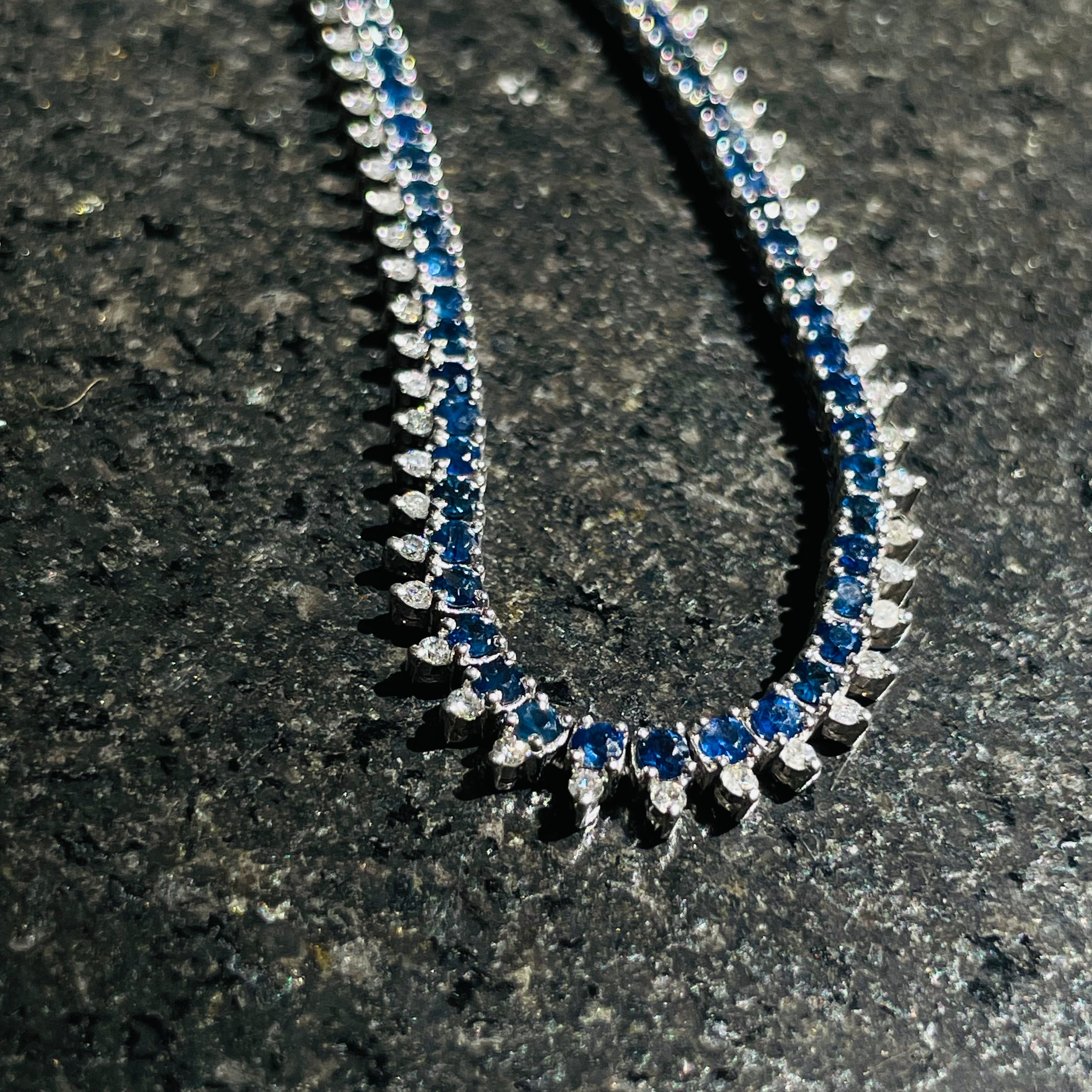 Sapphire and Diamond 14K White Gold Tennis Necklace Adjustable