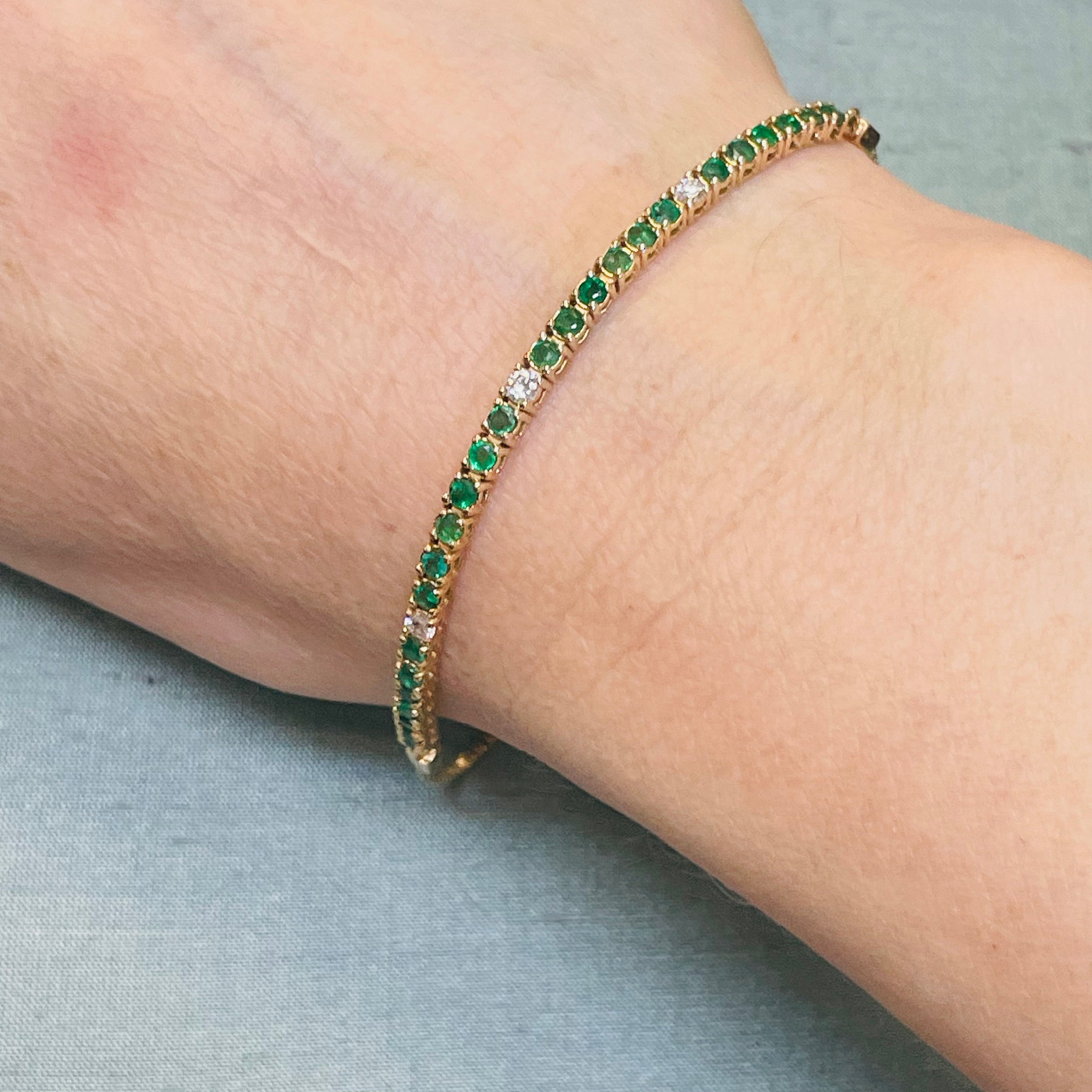 14K Yellow Gold Adjustable Emerald and  Diamond Tennis Bracelet