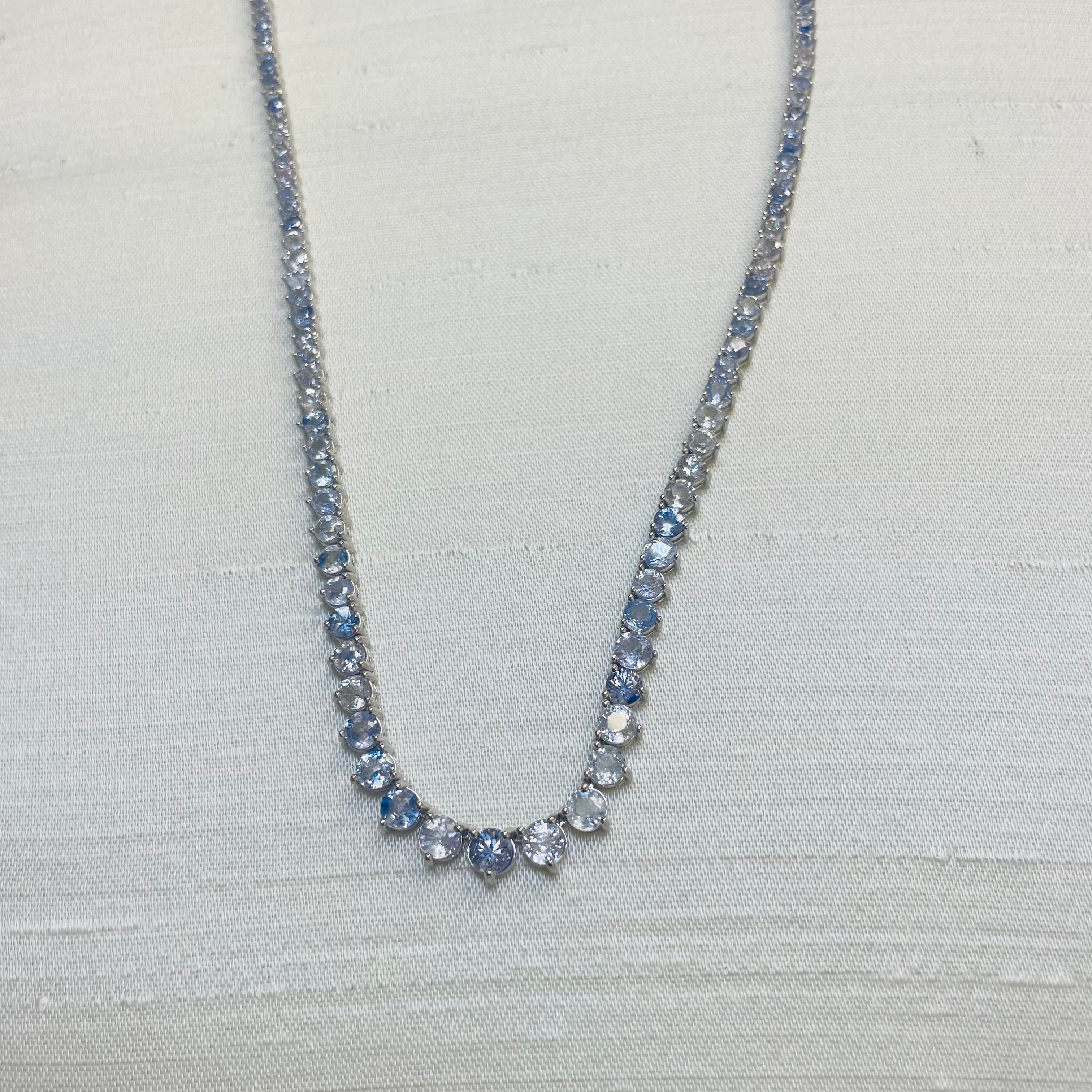 20.3CT Natural Sapphire Riviera Tennis Necklace 14K White Gold 18”