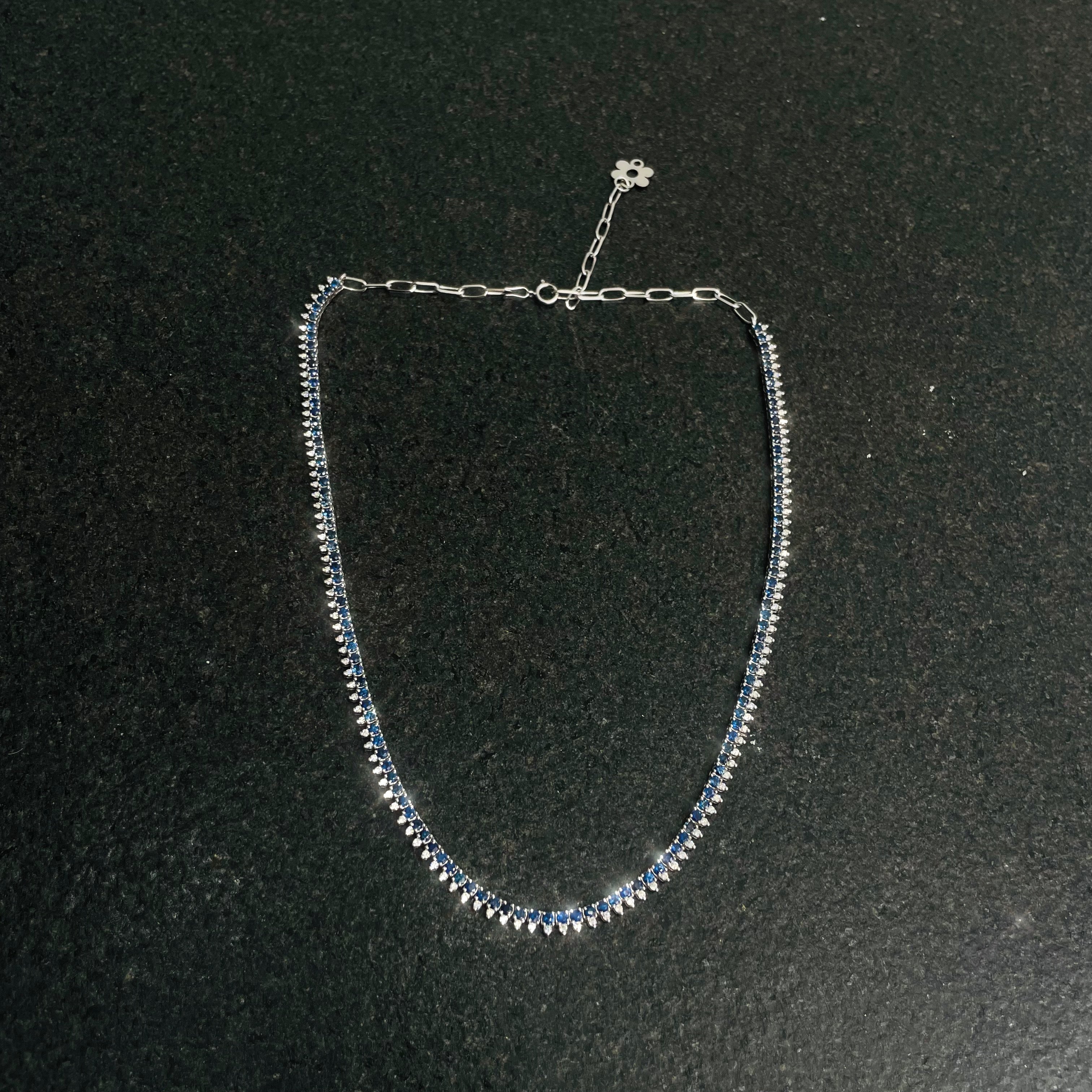 Sapphire and Diamond 14K White Gold Tennis Necklace Adjustable
