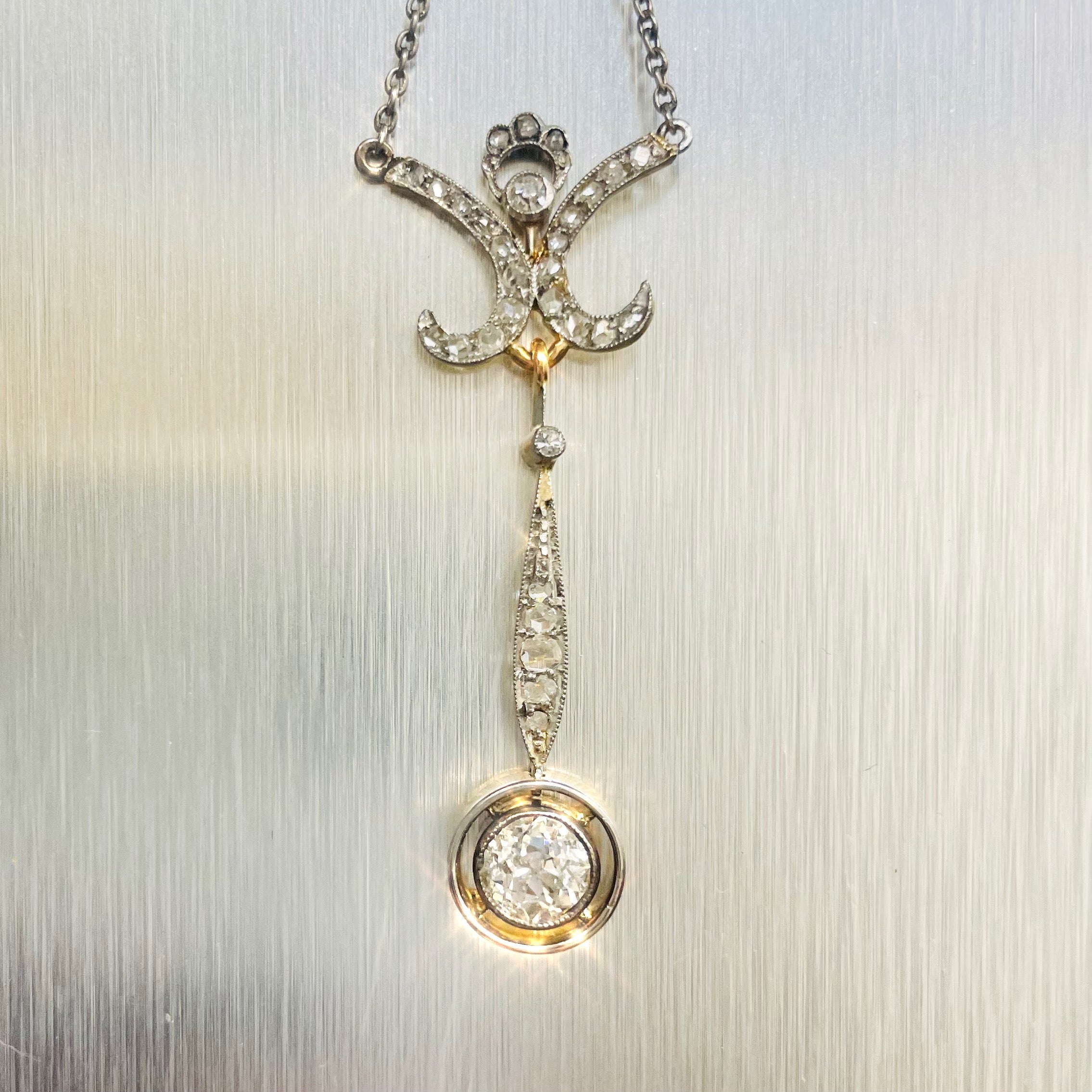 Antique Belle Epoque Old Mine Cut Diamond Lavalier Drop Pendant Necklace