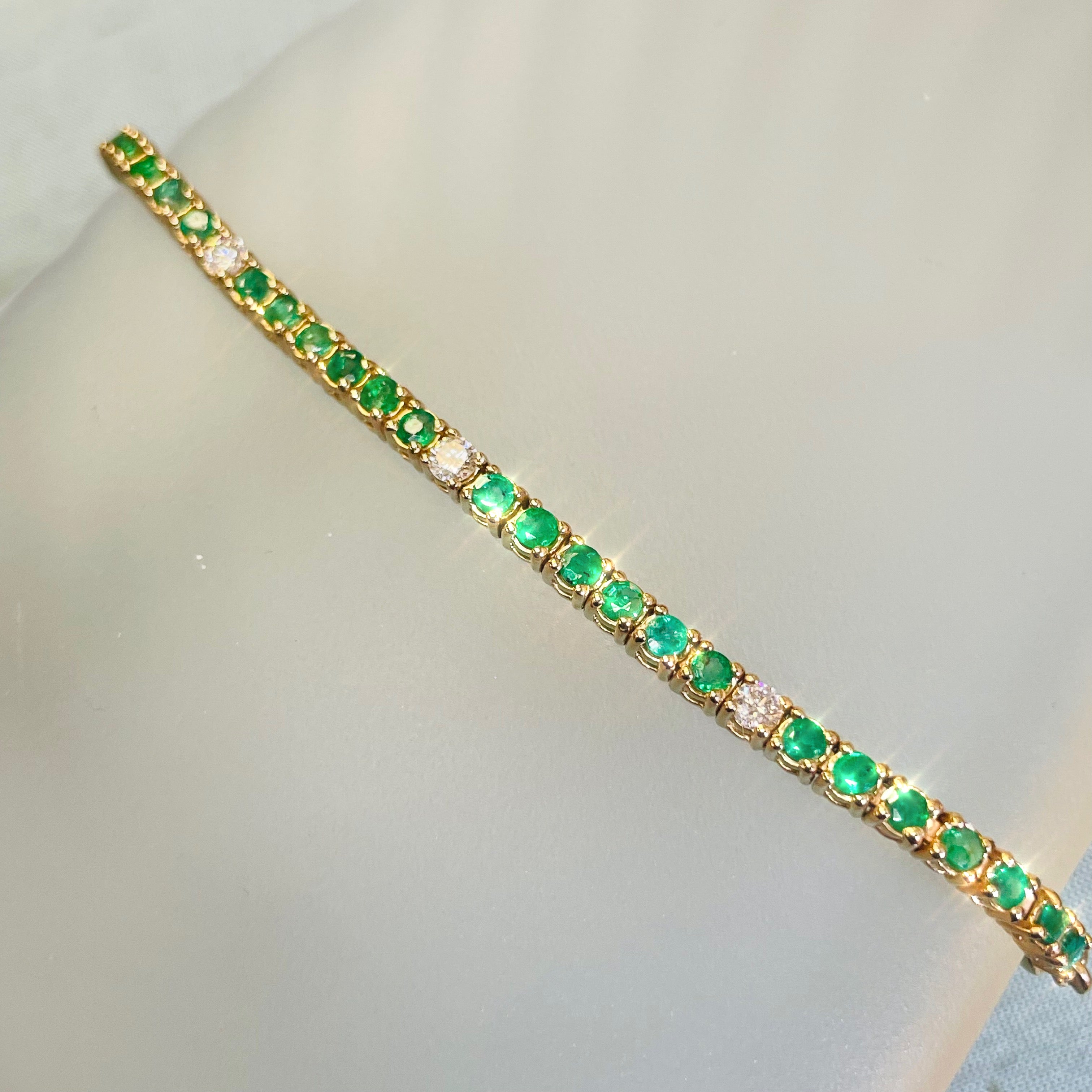 14K Yellow Gold Adjustable Emerald and  Diamond Tennis Bracelet