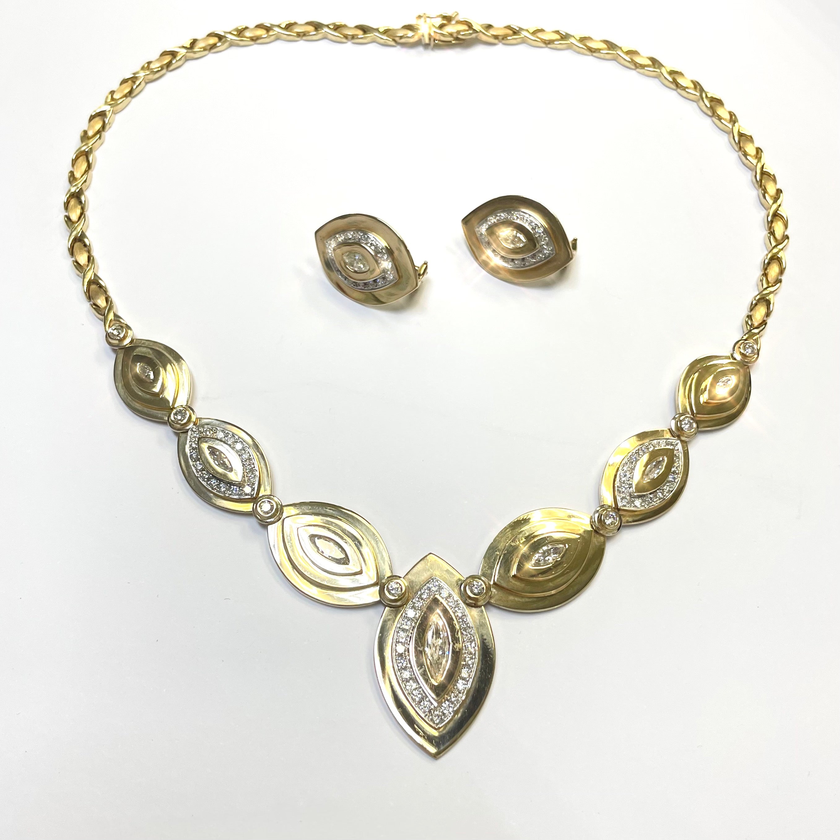 Stunning Vintage Solid 14K Marquis Diamond Almond Design Necklace and Earring Set