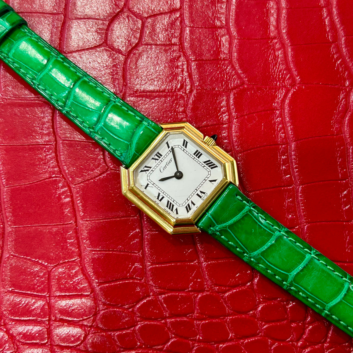 Vintage Cartier Ceinture | Ref 414 | 27mm | 18k plated | Green Leather Strap