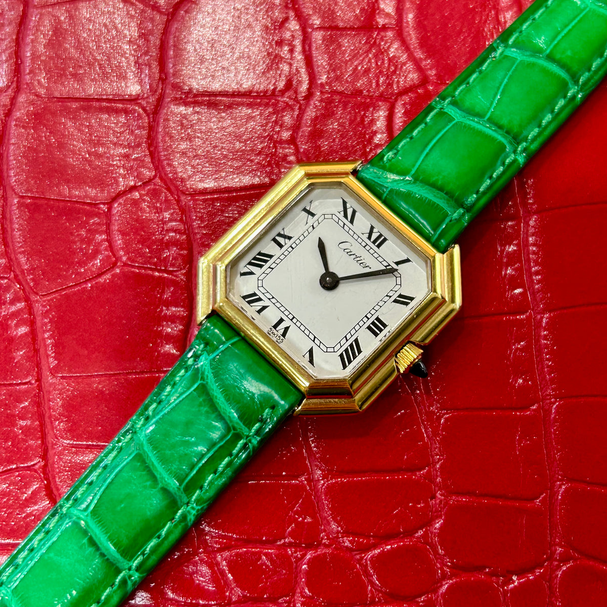 Vintage Cartier Ceinture | Ref 414 | 27mm | 18k plated | Green Leather Strap