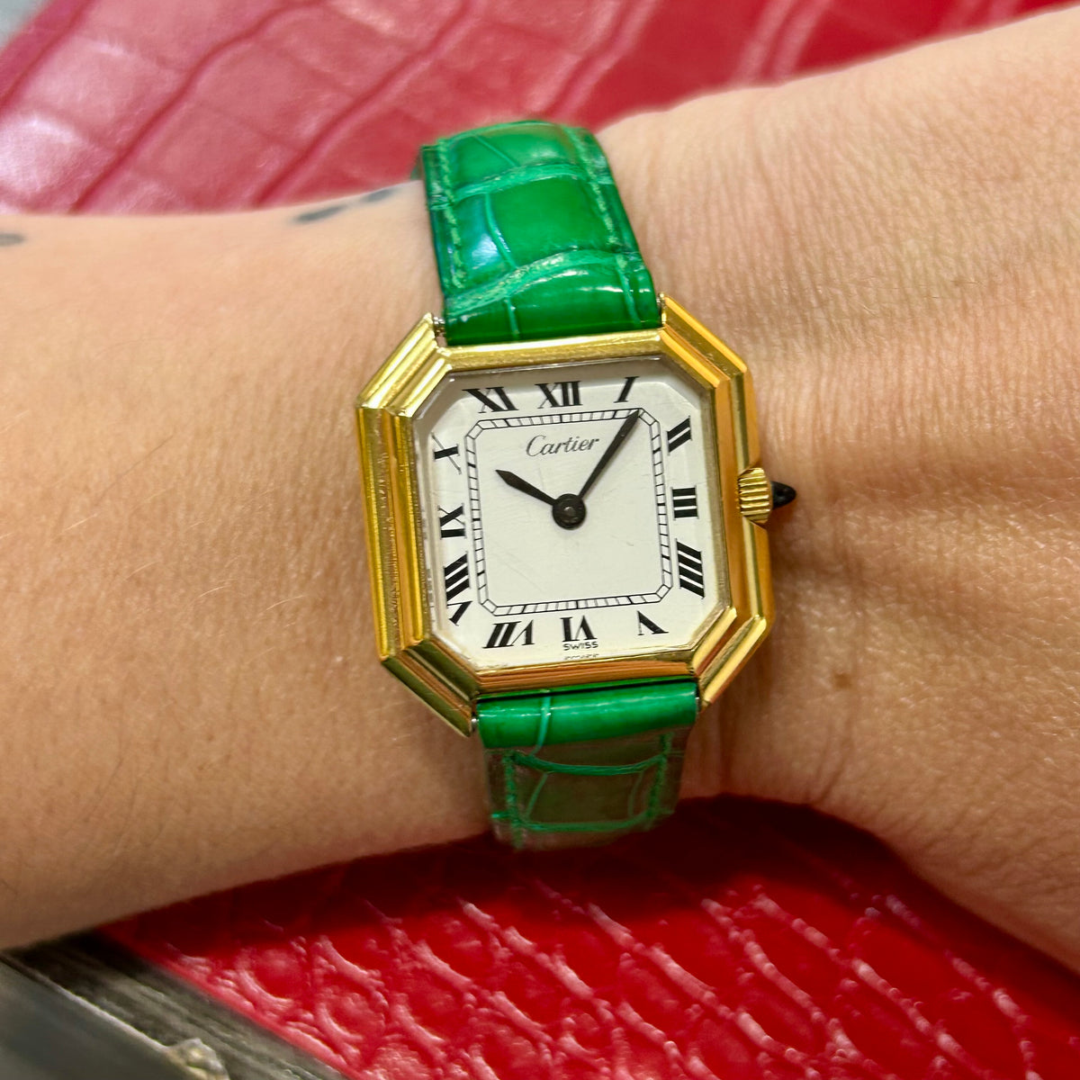 Vintage Cartier Ceinture | Ref 414 | 27mm | 18k plated | Green Leather Strap