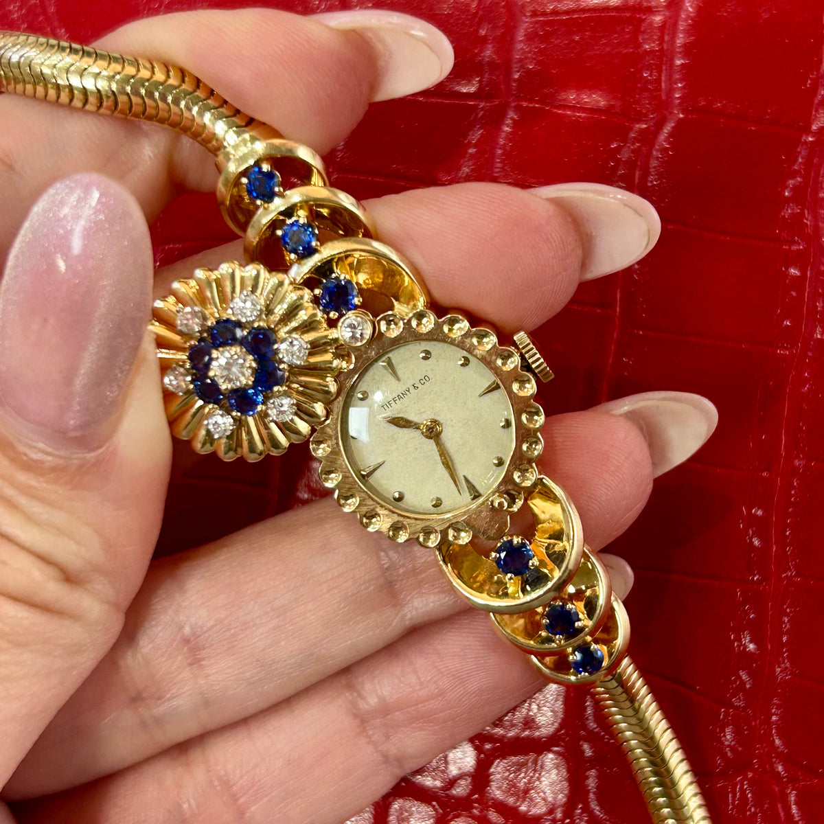 Vintage Tiffany & Co Cocktail Watch | 20mm | 14k Yellow Gold | Diamonds & Blue Sapphires
