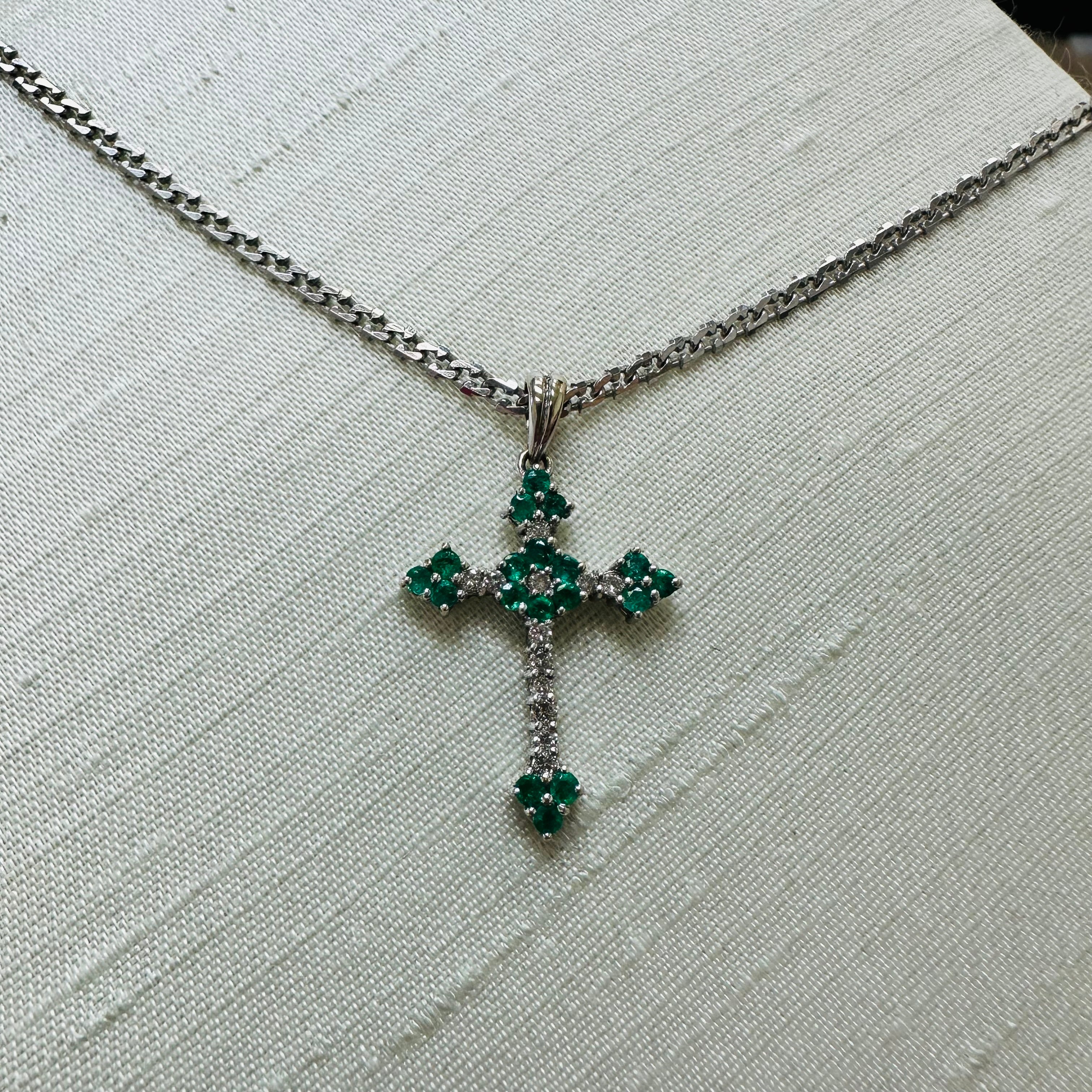 18K White Gold Natural Emerald and Diamond Cross Pendent