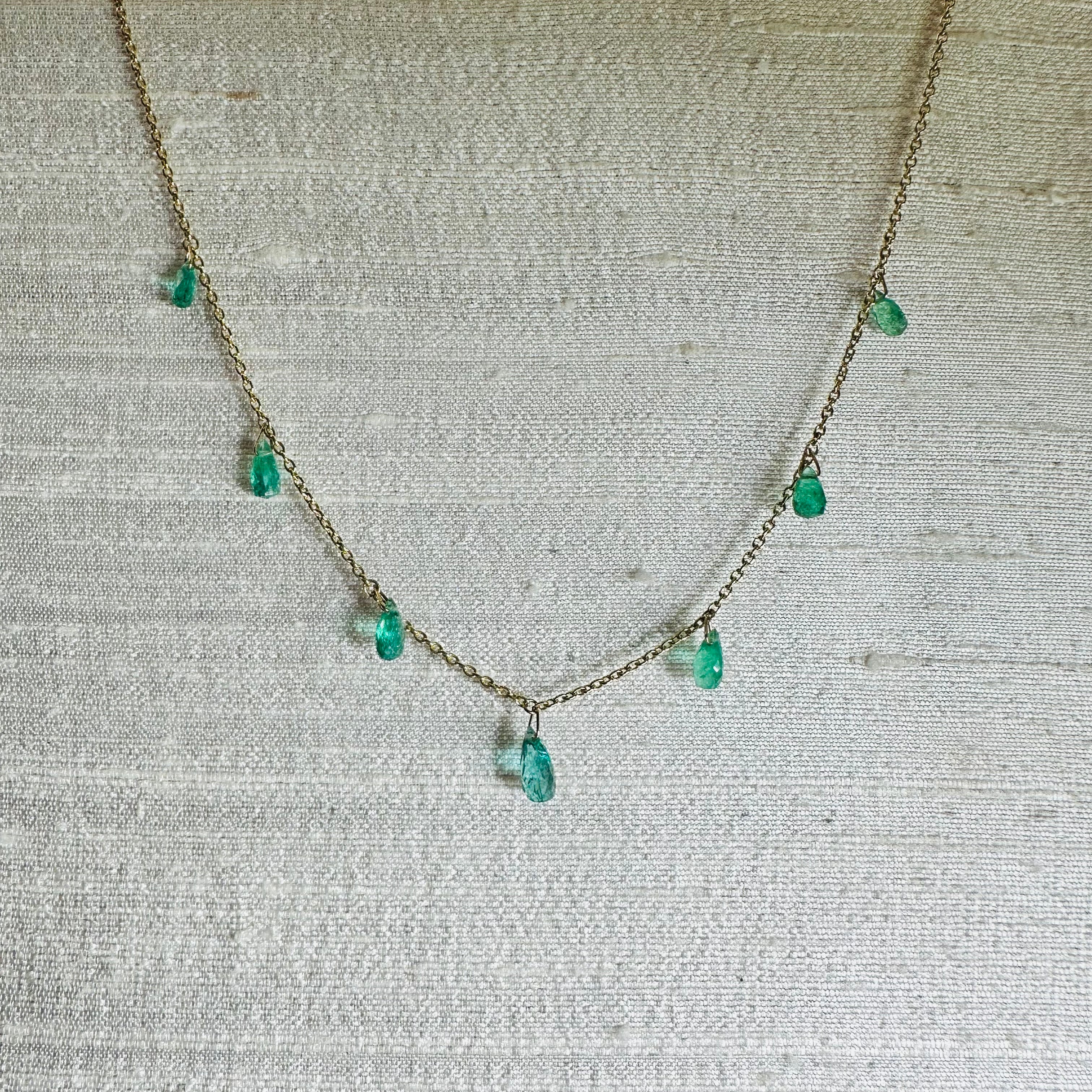 14K Yellow Gold Emerald Dangling Necklace 16" to 18"