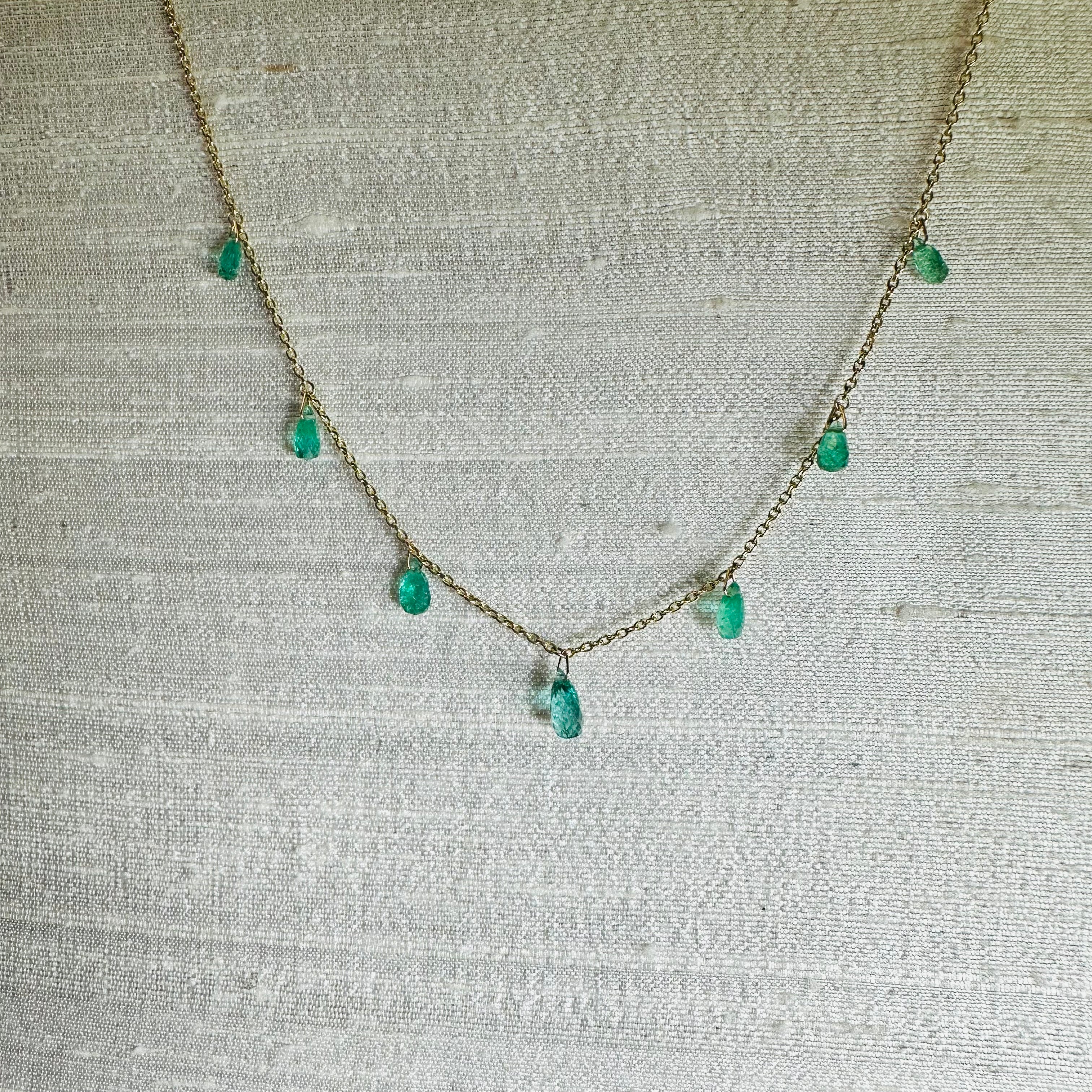 14K Yellow Gold Emerald Dangling Necklace 16" to 18"