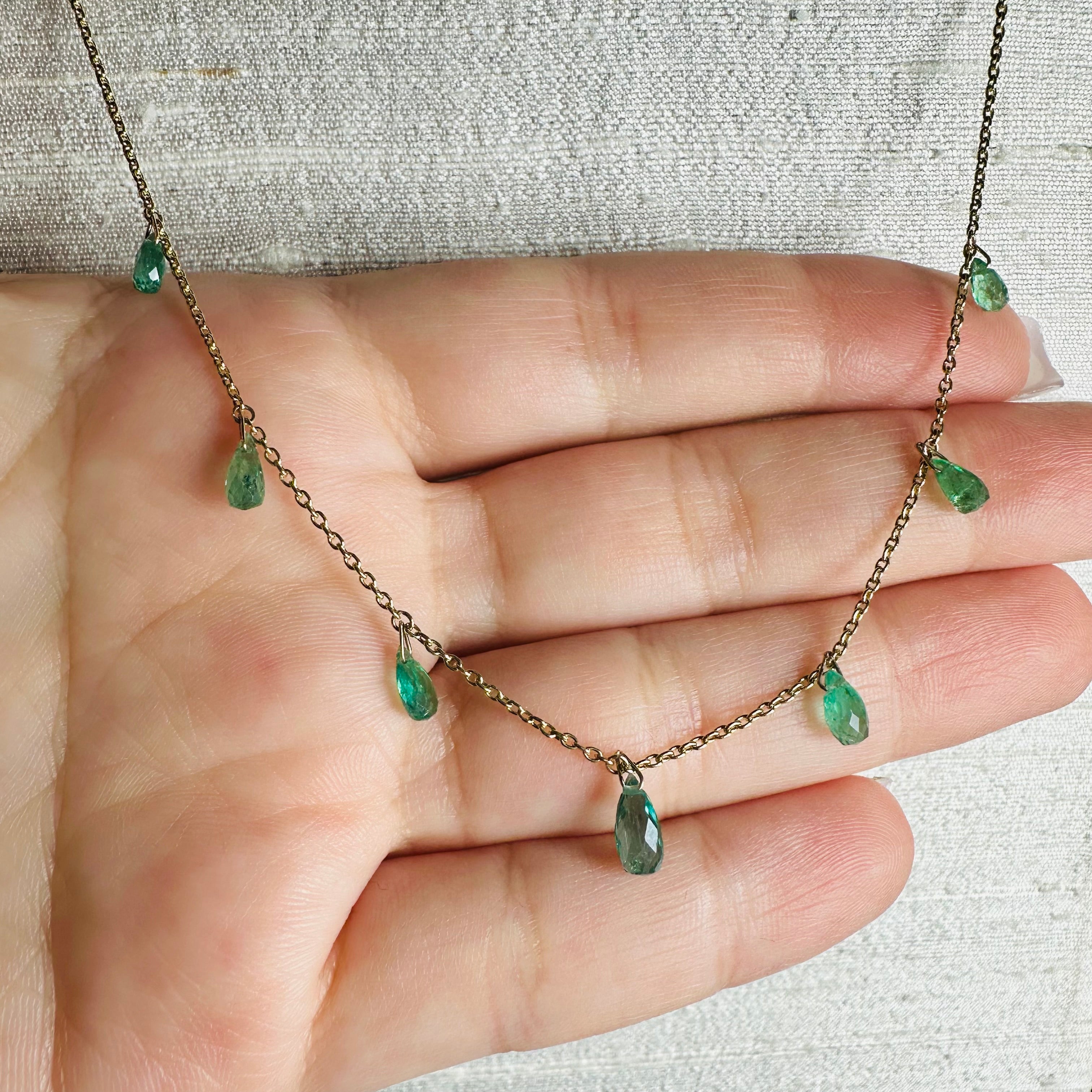 14K Yellow Gold Emerald Dangling Necklace 16" to 18"