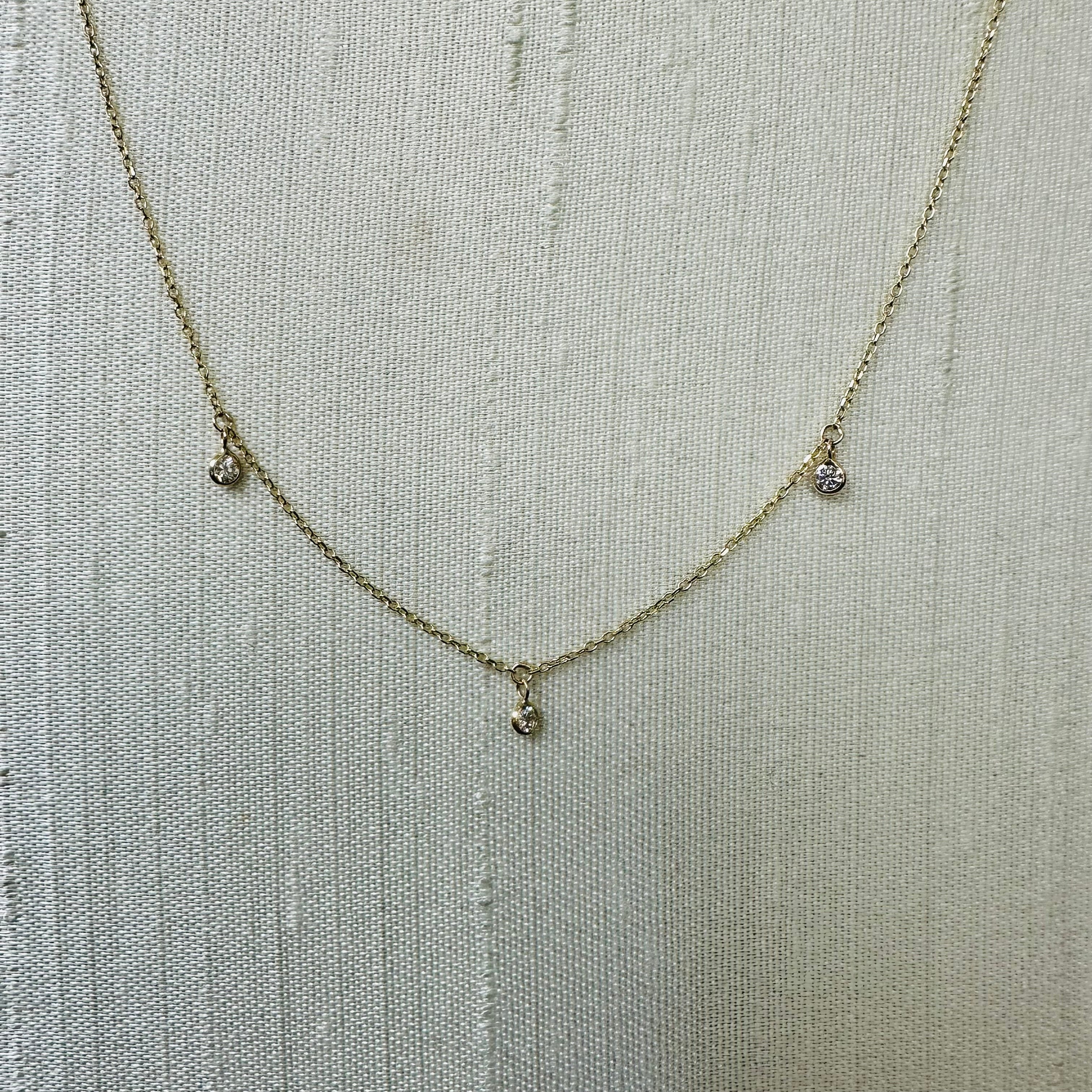 14K Yellow Gold Three Diamonds Necklace 16" to 17"