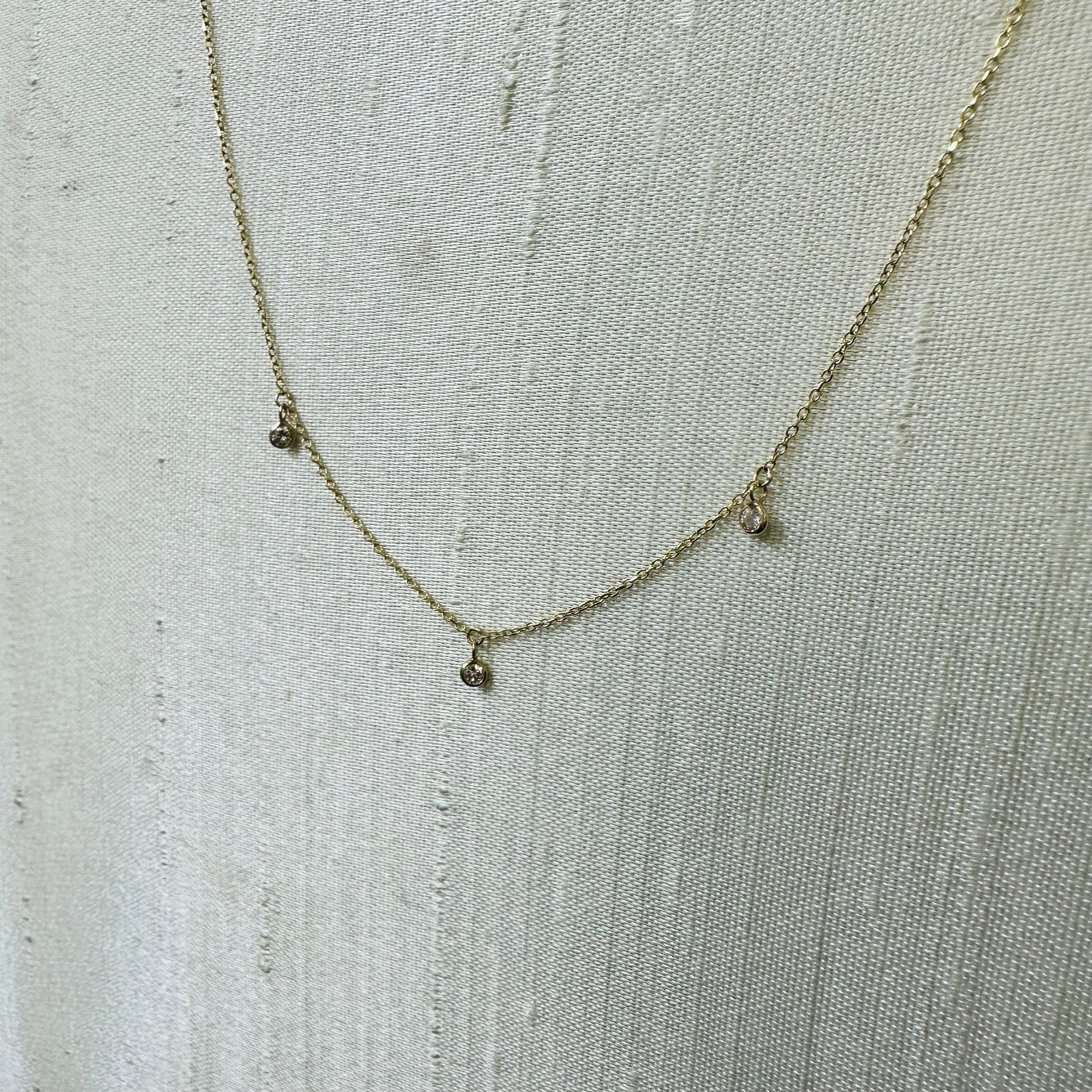 14K Yellow Gold Three Diamonds Necklace 16" to 17"