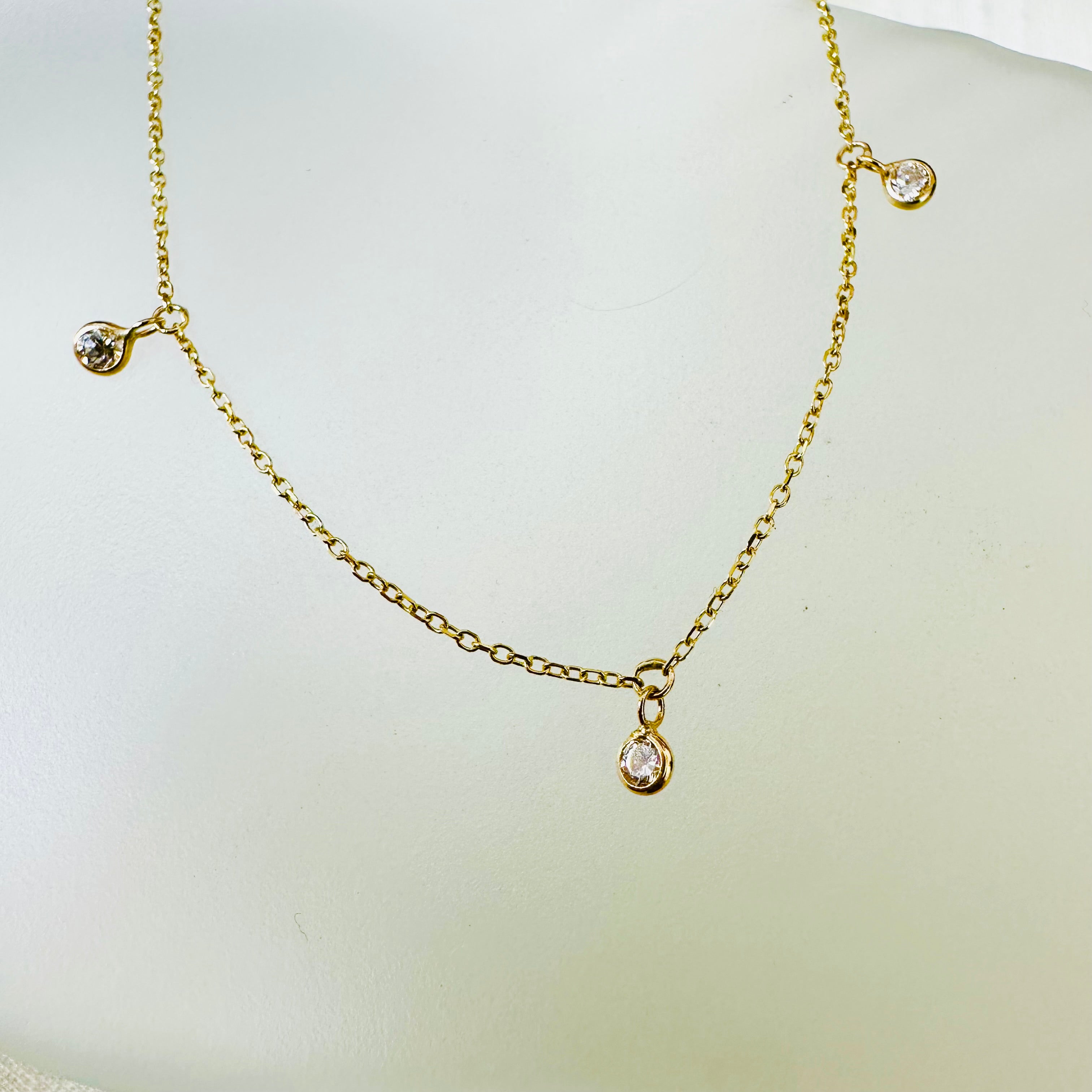 14K Yellow Gold Three Diamonds Necklace 16" to 17"