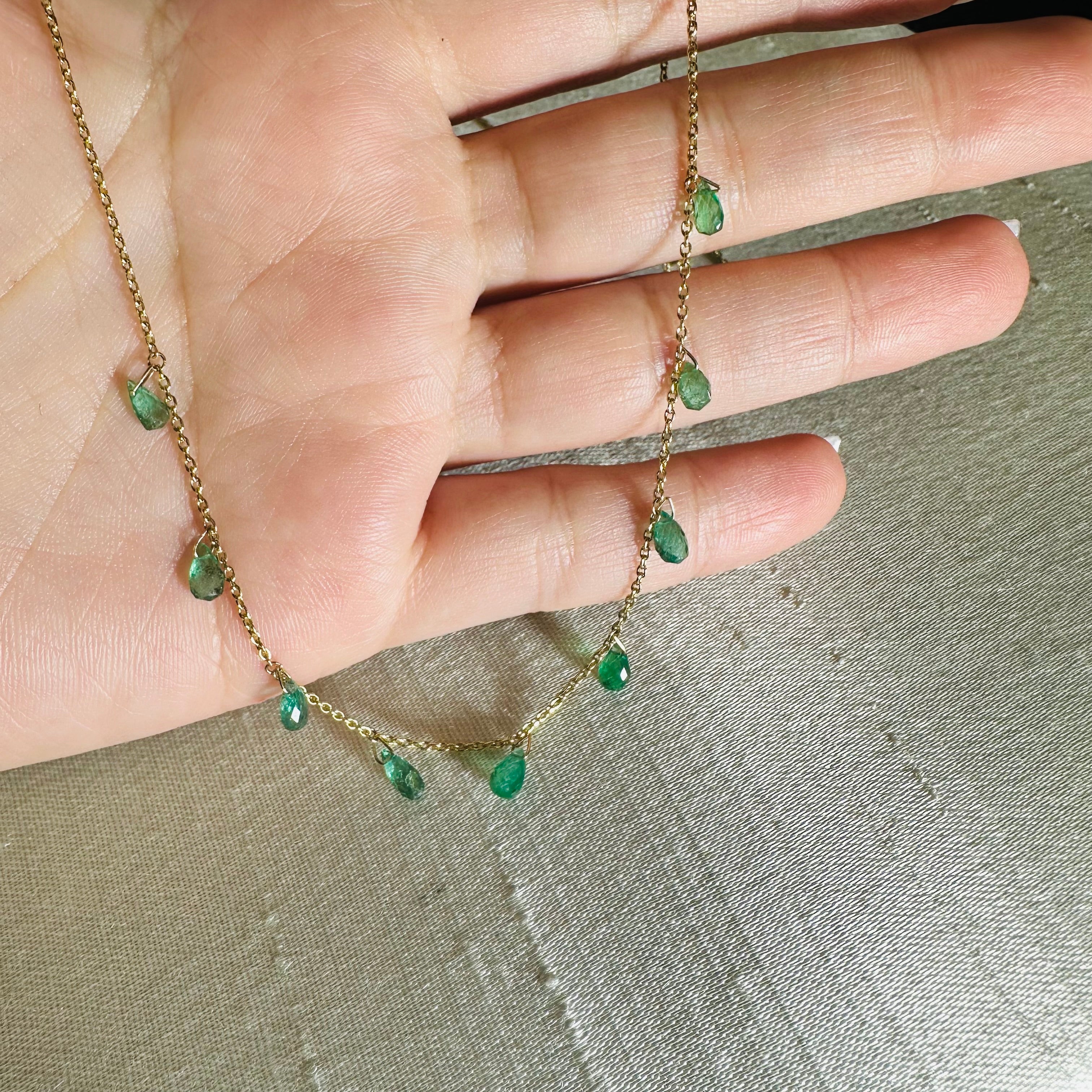 14K Yellow Gold Emerald Dangling Necklace 20"