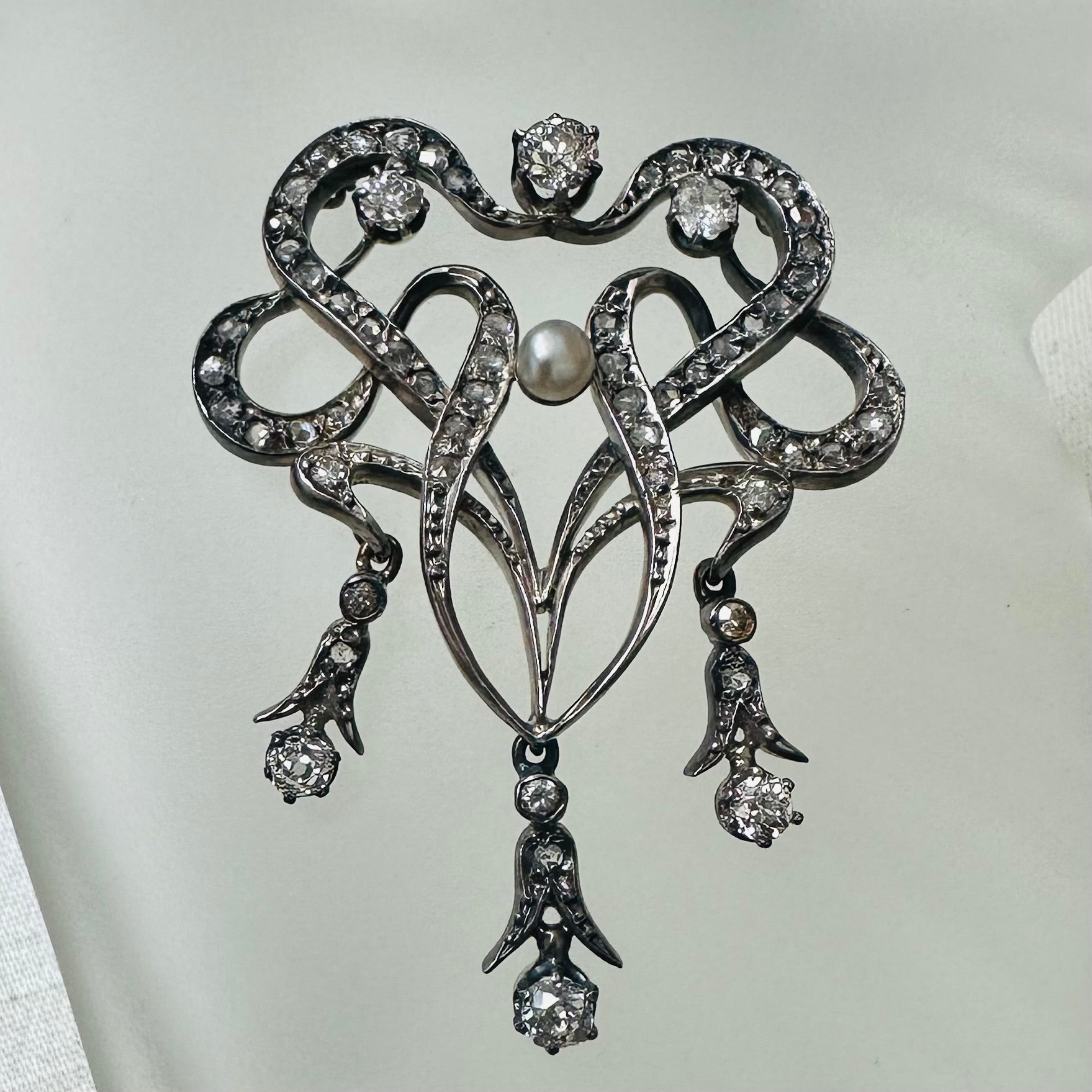 Sterling And 18K Pearl And Diamond Brooch Pendent