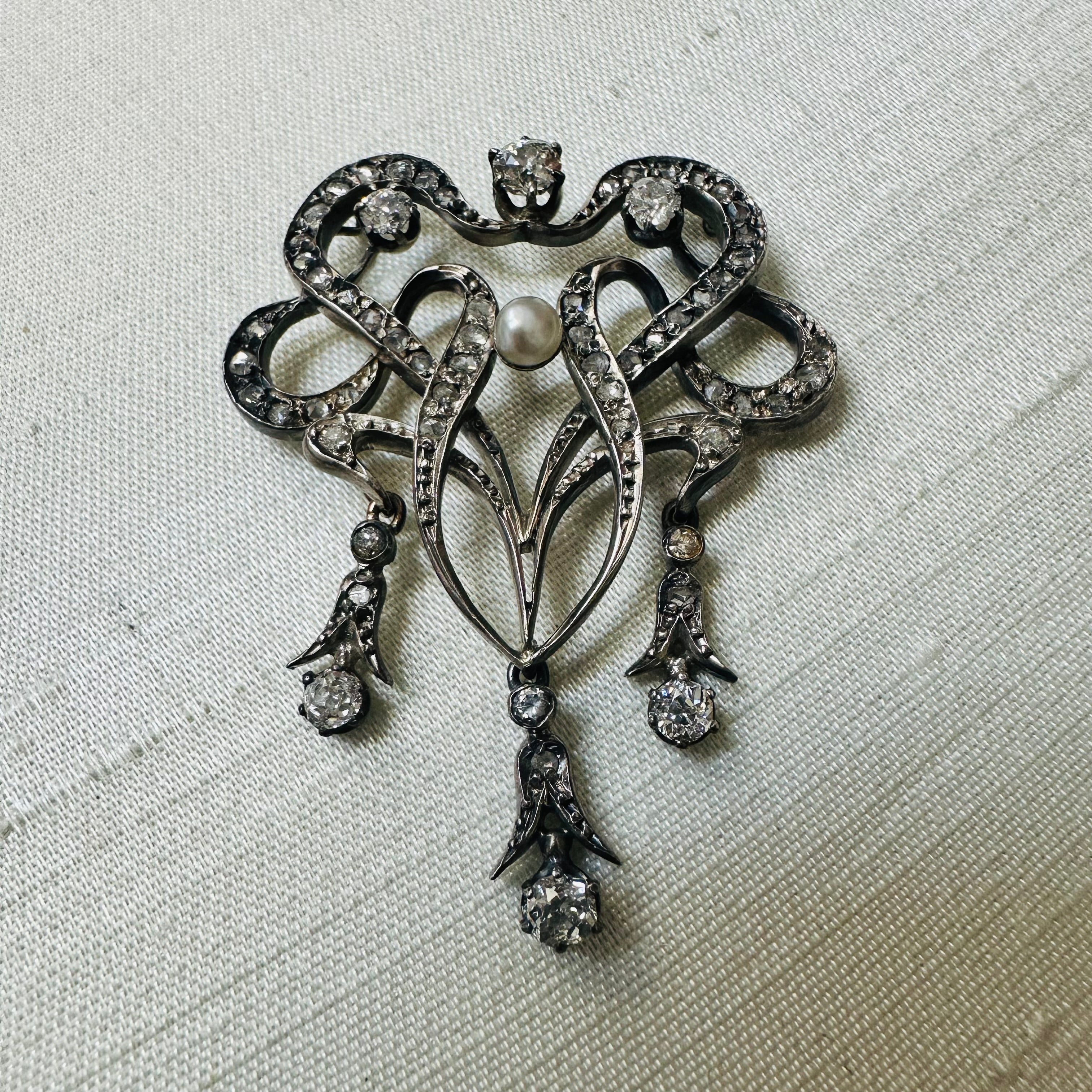 Sterling And 18K Pearl And Diamond Brooch Pendent