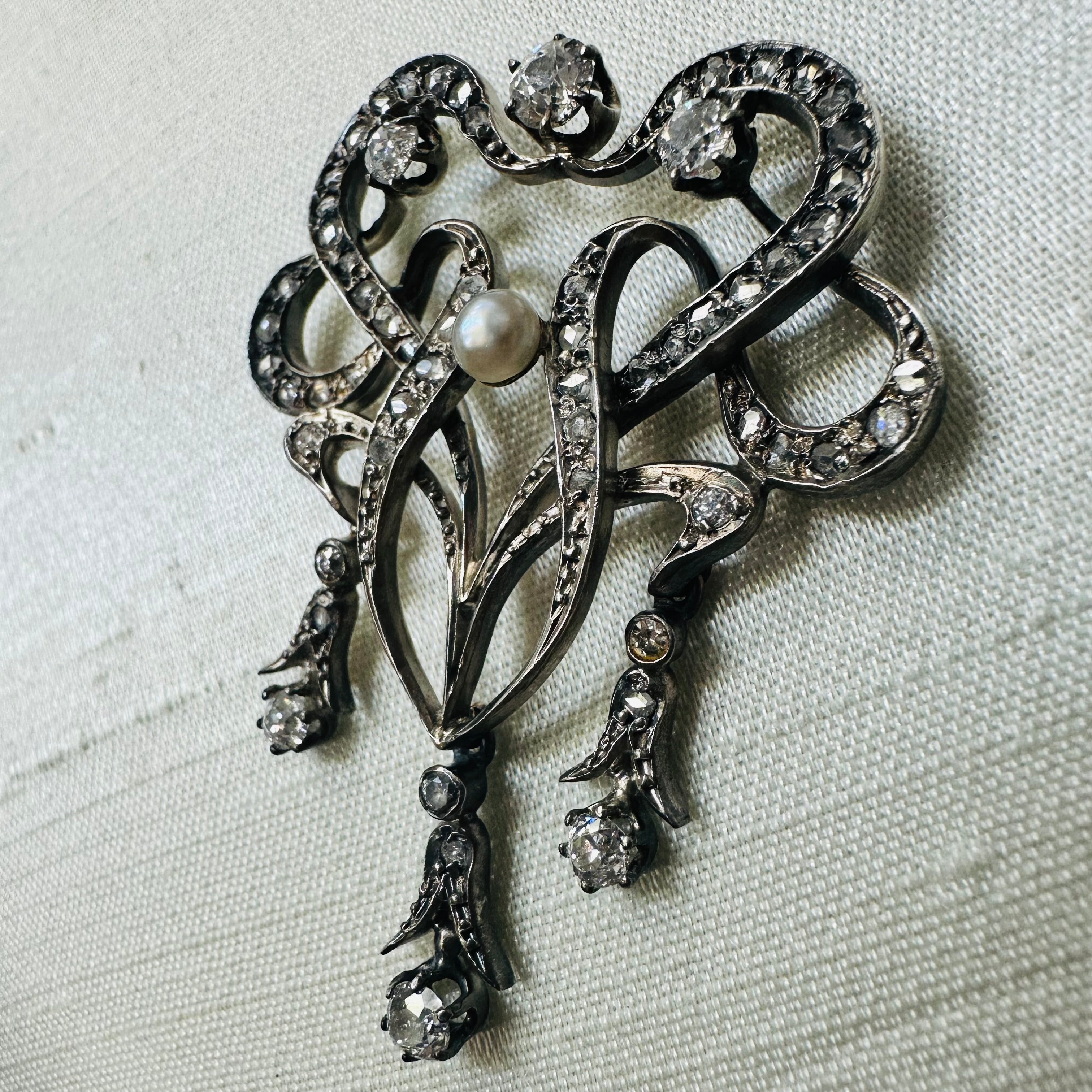 Sterling And 18K Pearl And Diamond Brooch Pendent