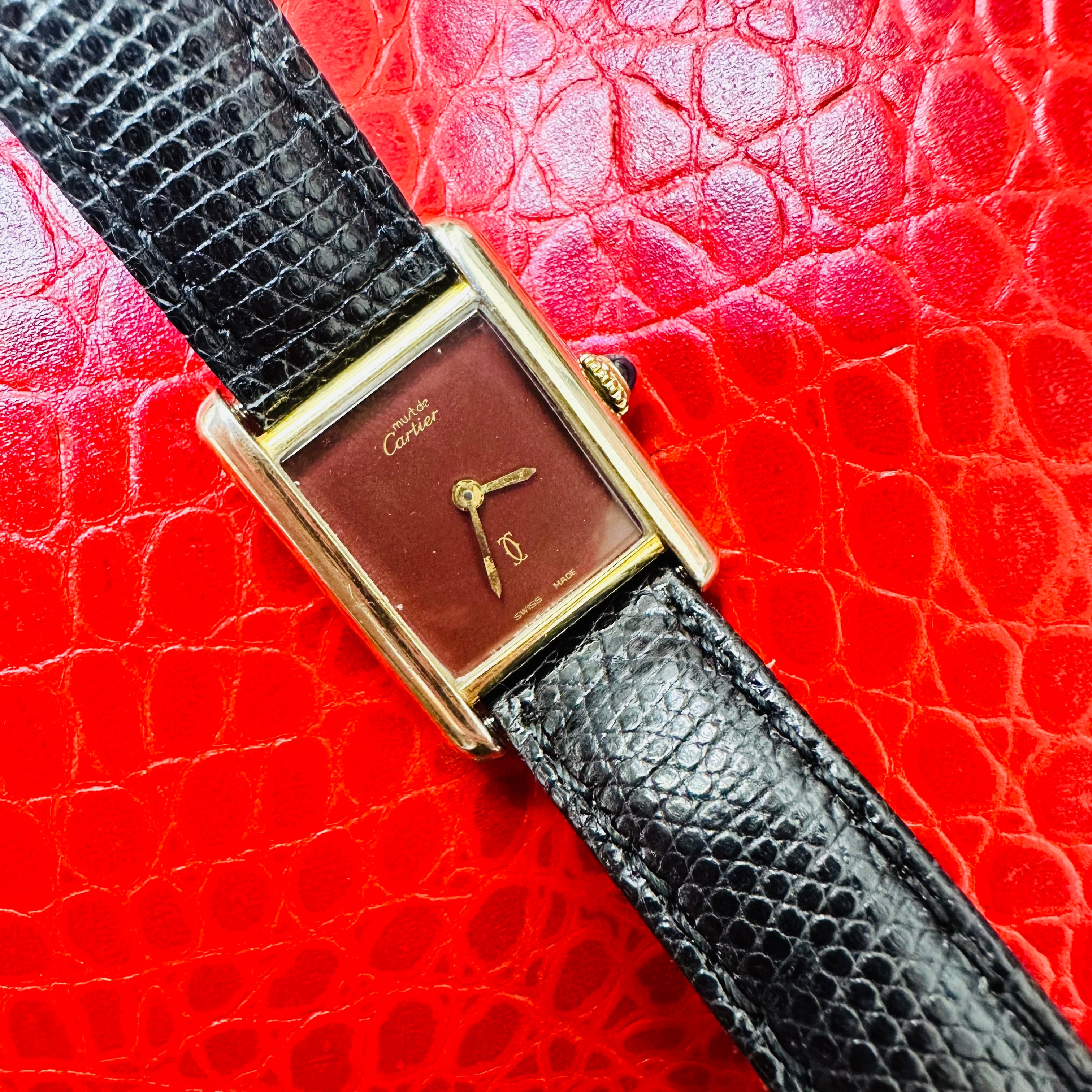 24mm Vintage Must de Cartier 18K Plated Burgandy Face