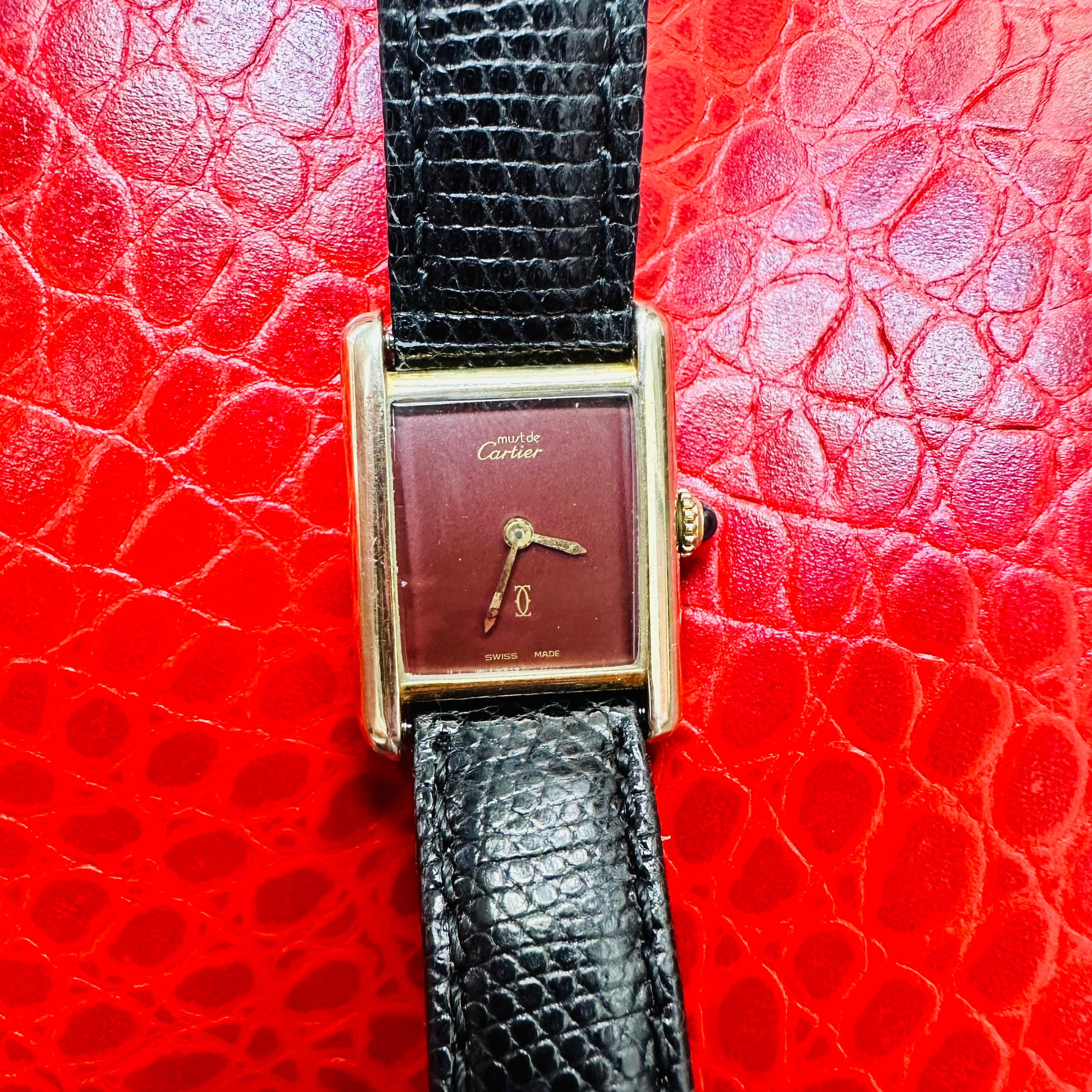 24mm Vintage Must de Cartier 18K Plated Burgandy Face