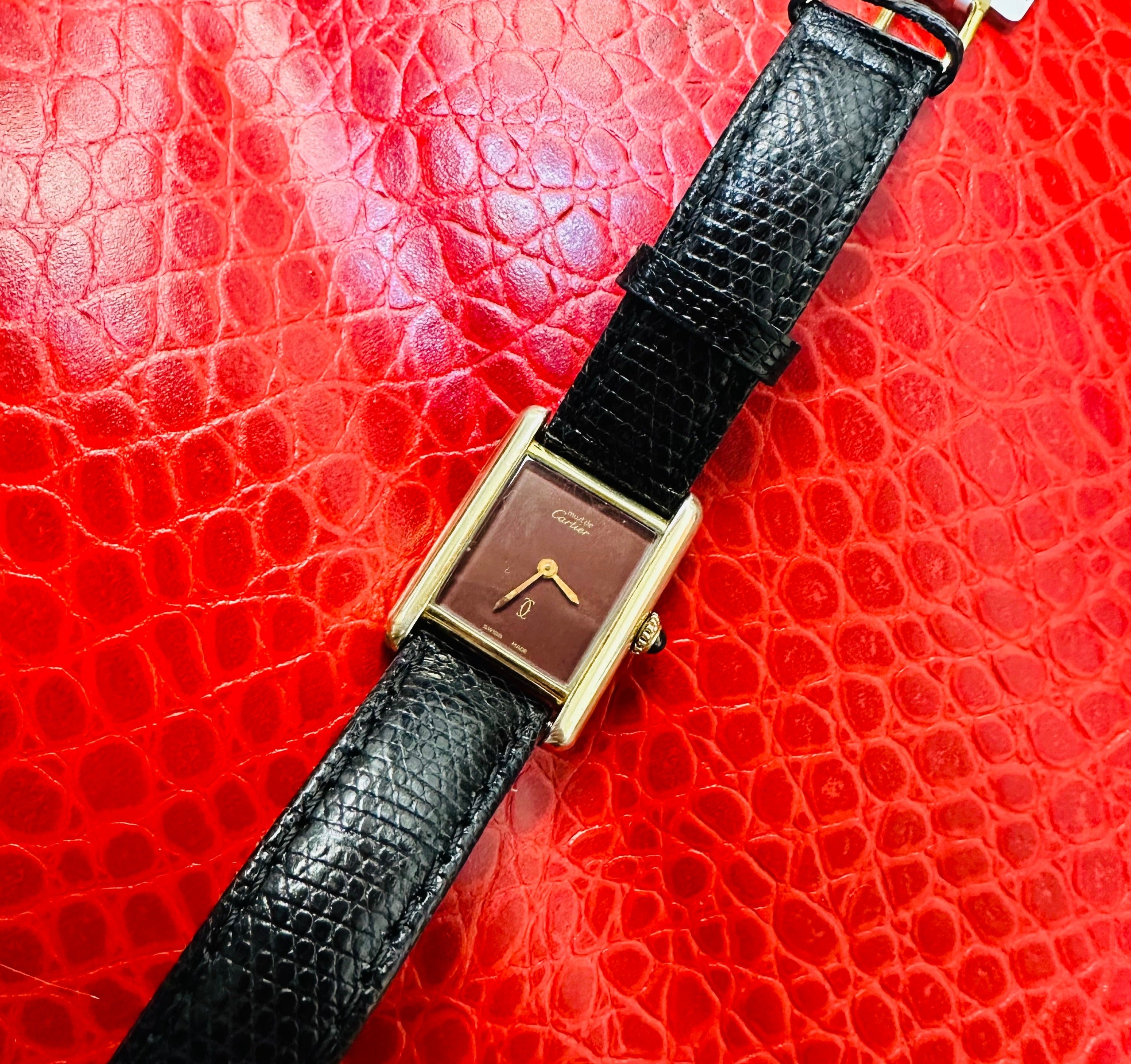 24mm Vintage Must de Cartier 18K Plated Burgandy Face