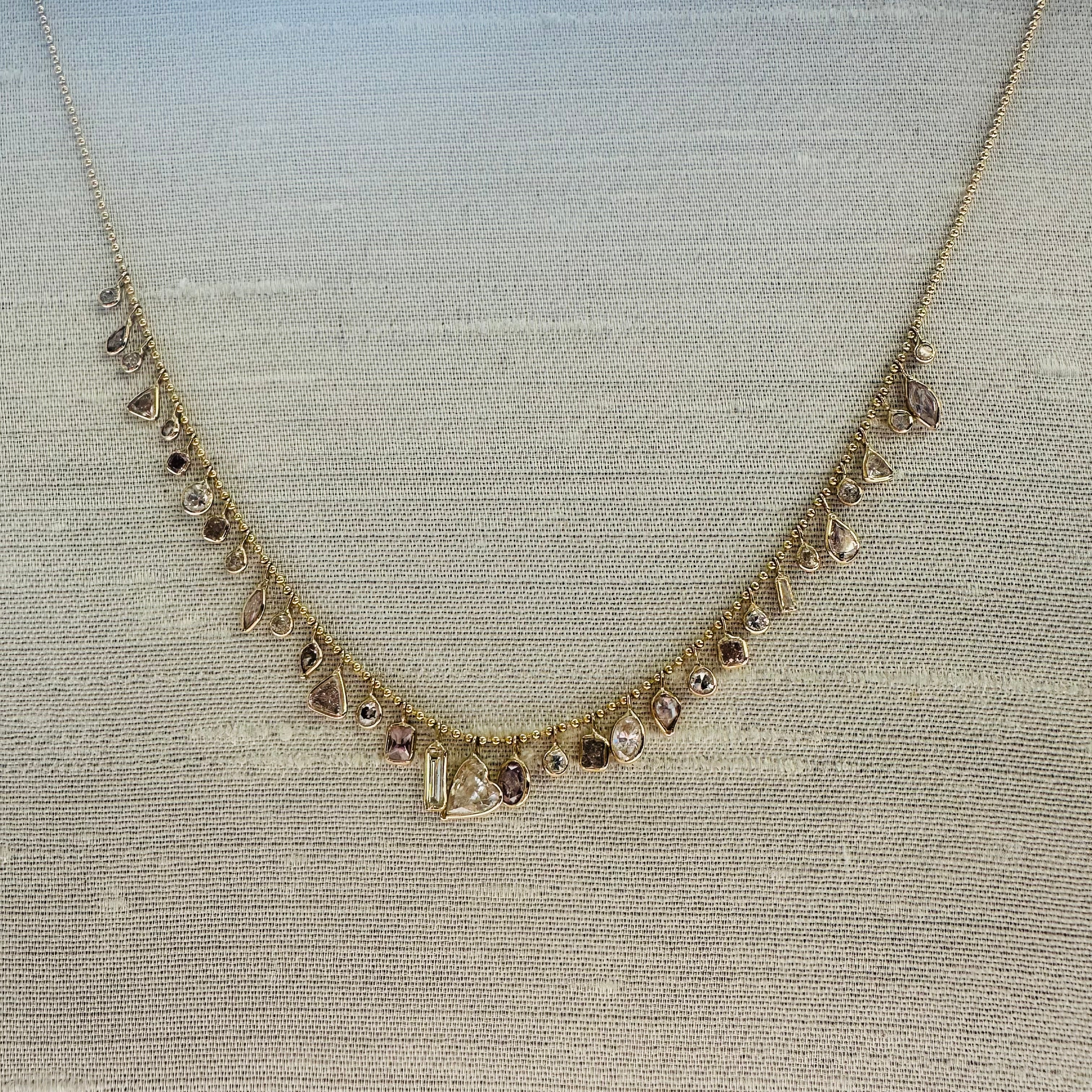 14K 15" Yellow Gold With Dangling Pink And White Diamonds Necklace