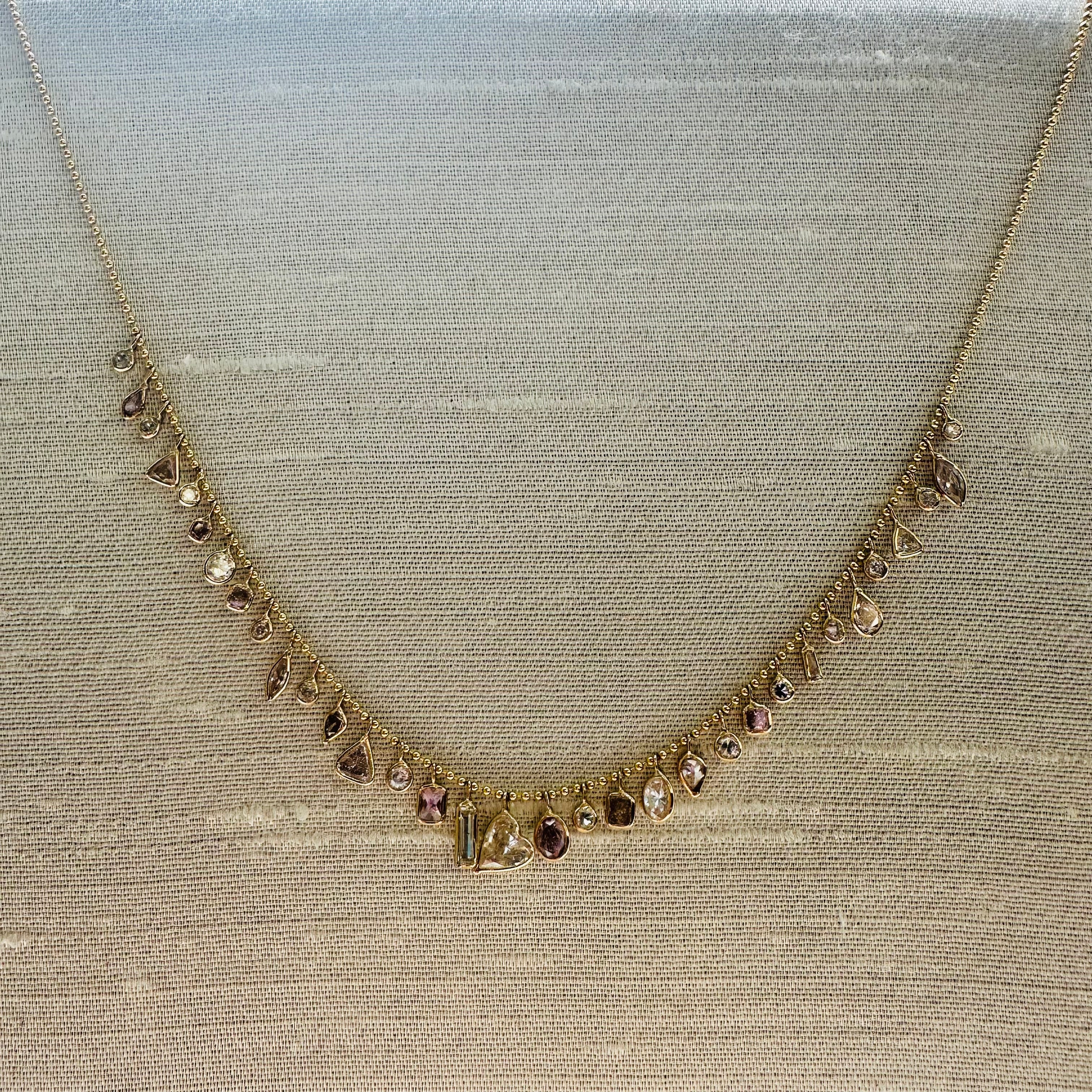 14K 15" Yellow Gold With Dangling Pink And White Diamonds Necklace