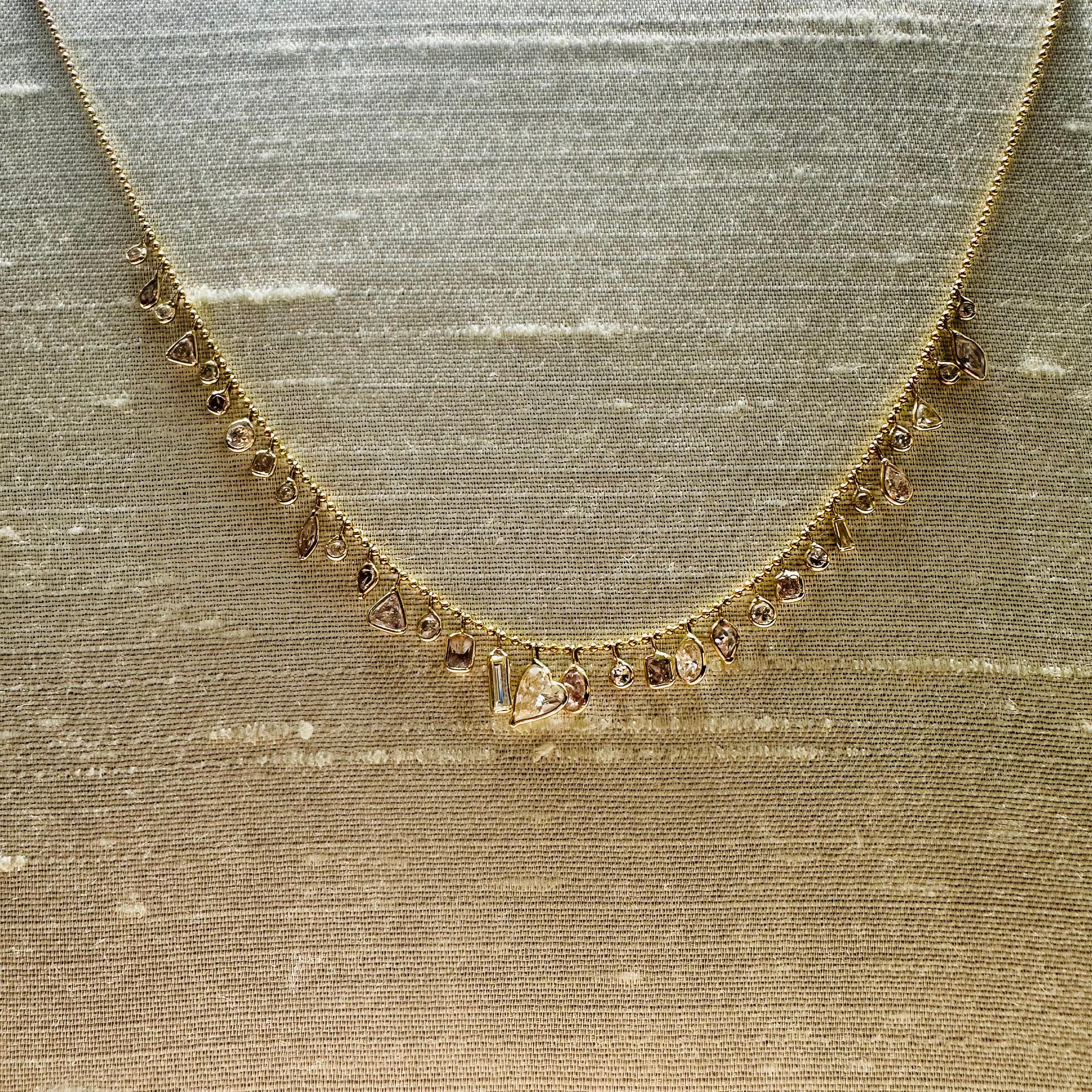 14K 15" Yellow Gold With Dangling Pink And White Diamonds Necklace