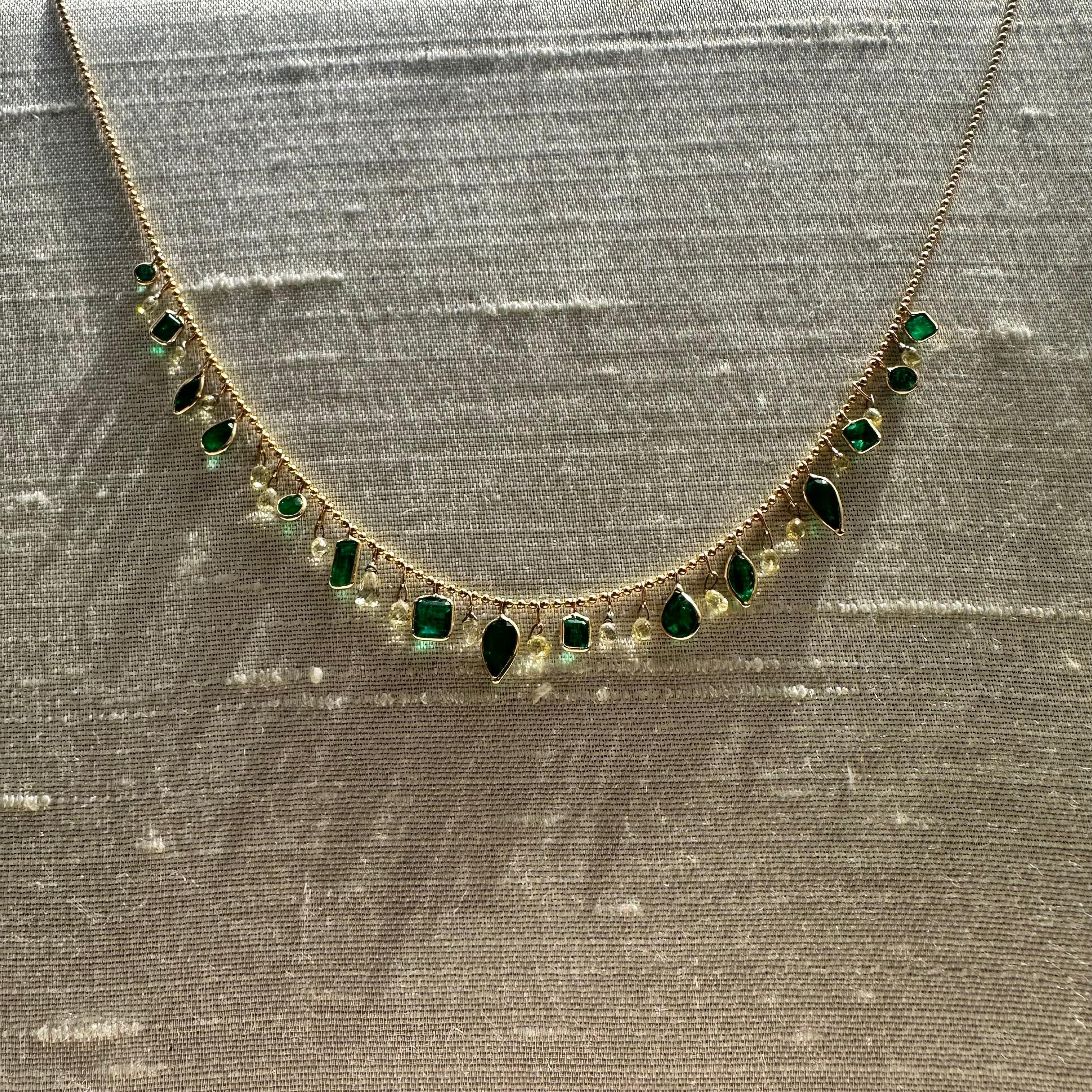 14K 16" Yellow Gold With Dangling Diamonds & Emeralds With All Different Shapes