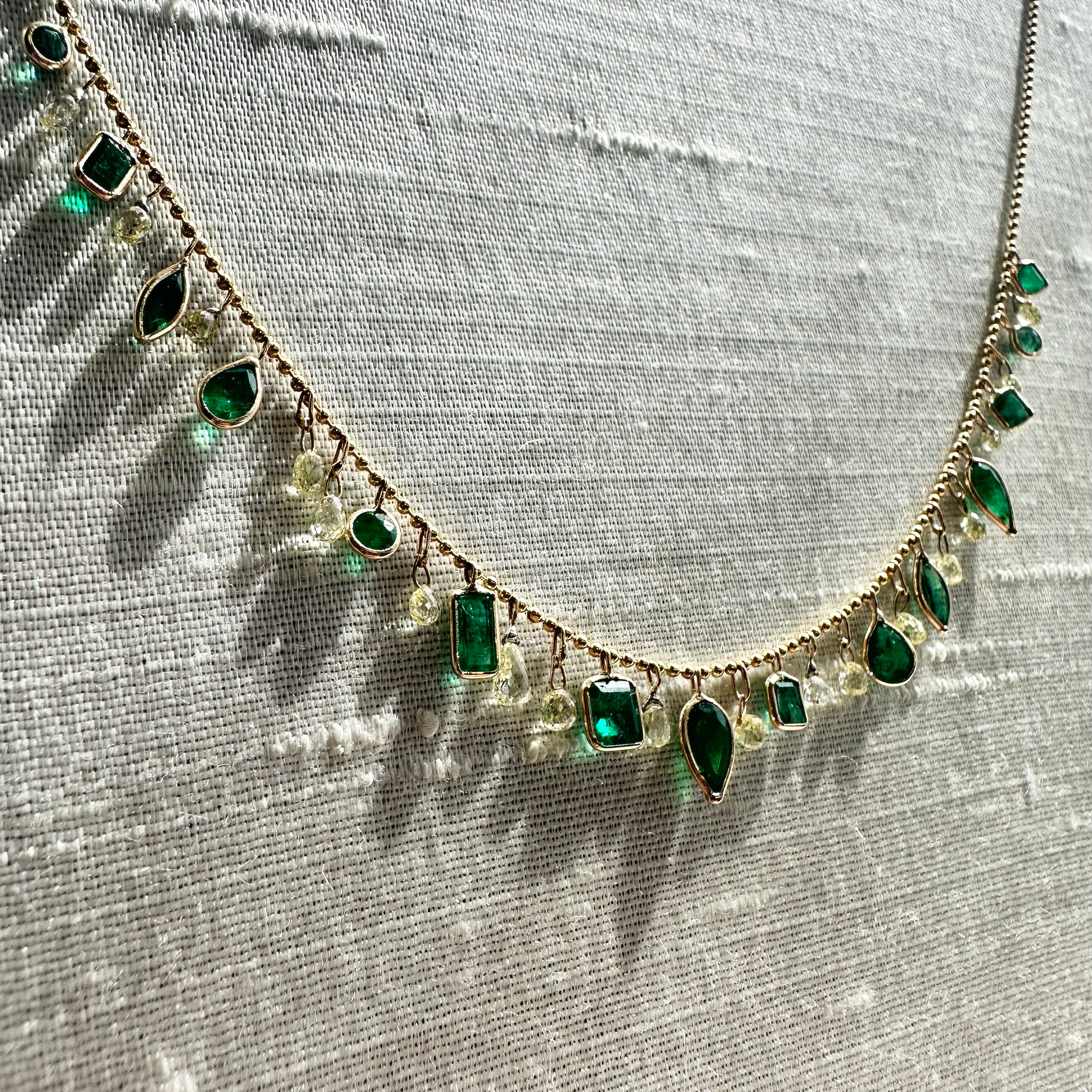 14K 16" Yellow Gold With Dangling Diamonds & Emeralds With All Different Shapes