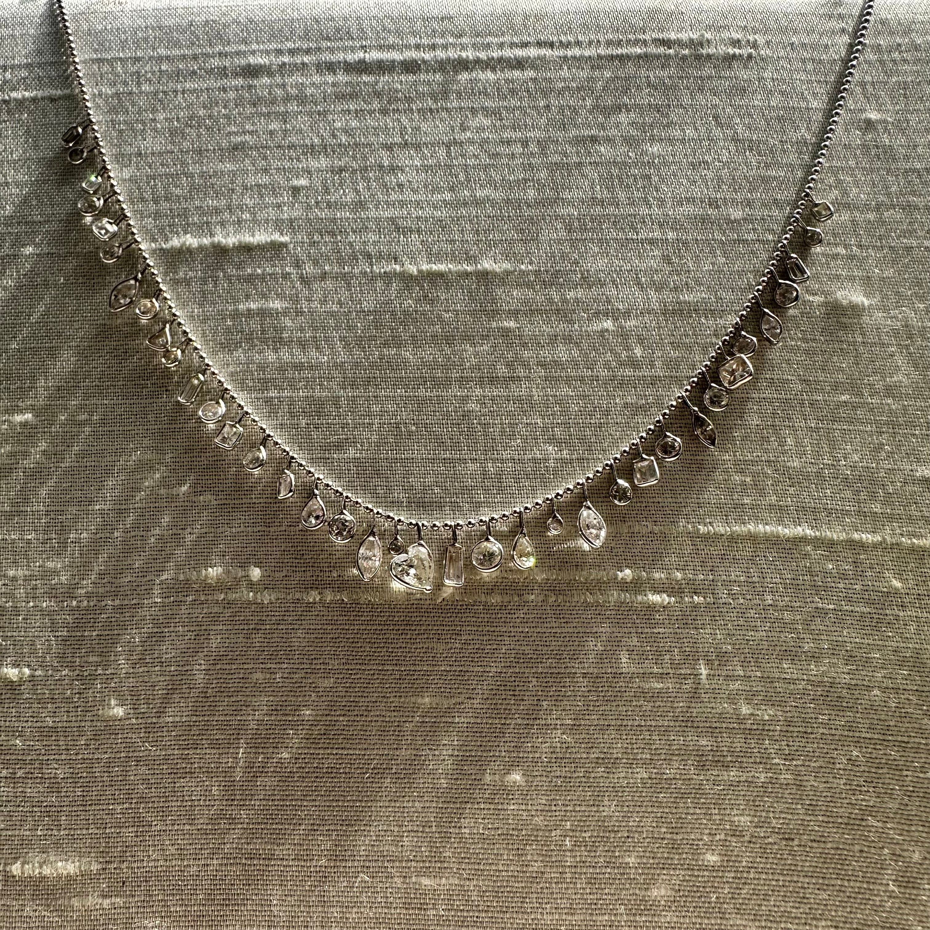 14K 17" White Gold With Dangling Diamonds With All Different shapes Necklace