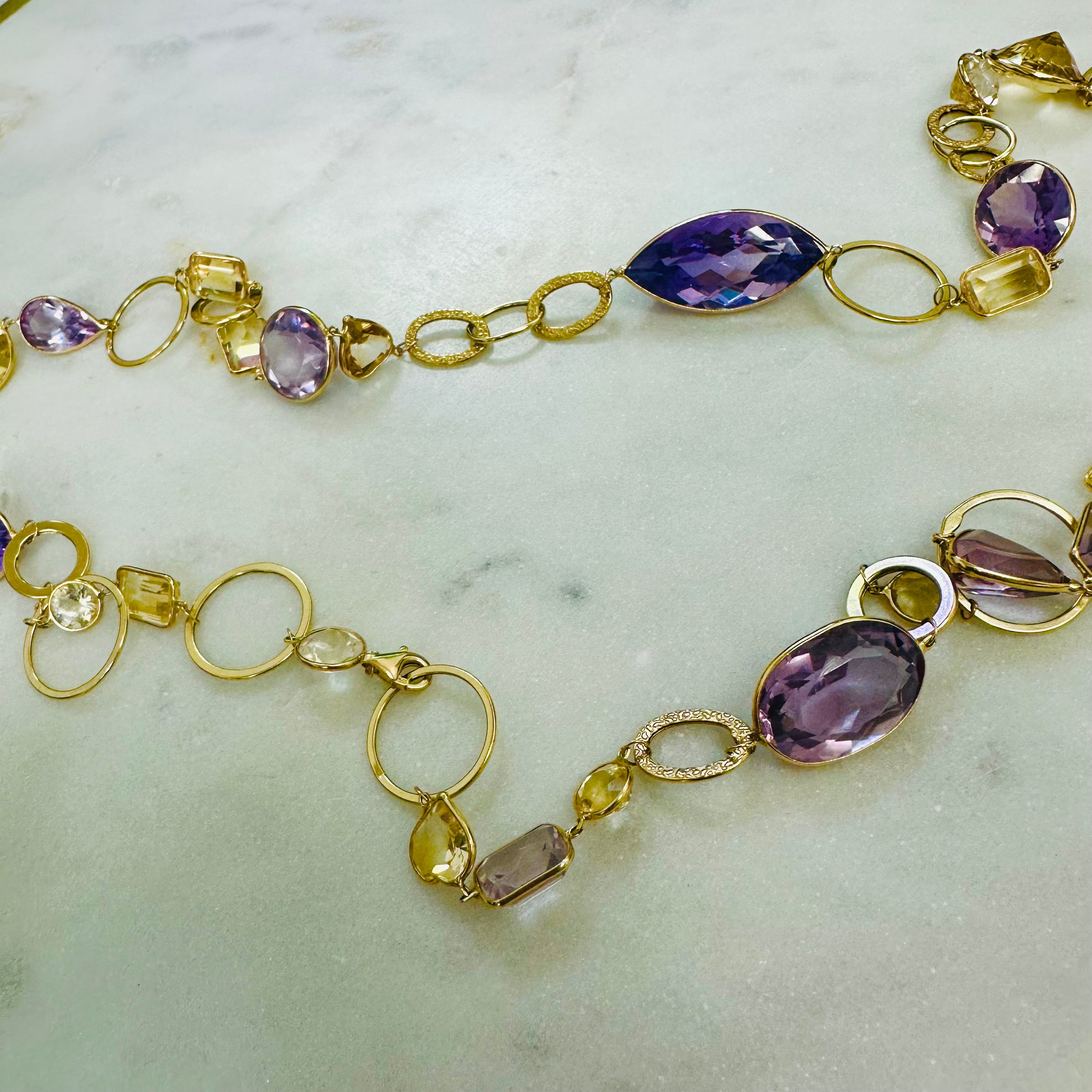 34" Long Solid 14K Yellow Gold Natural Multi Shape Amethyst, Ametrine, and Citri