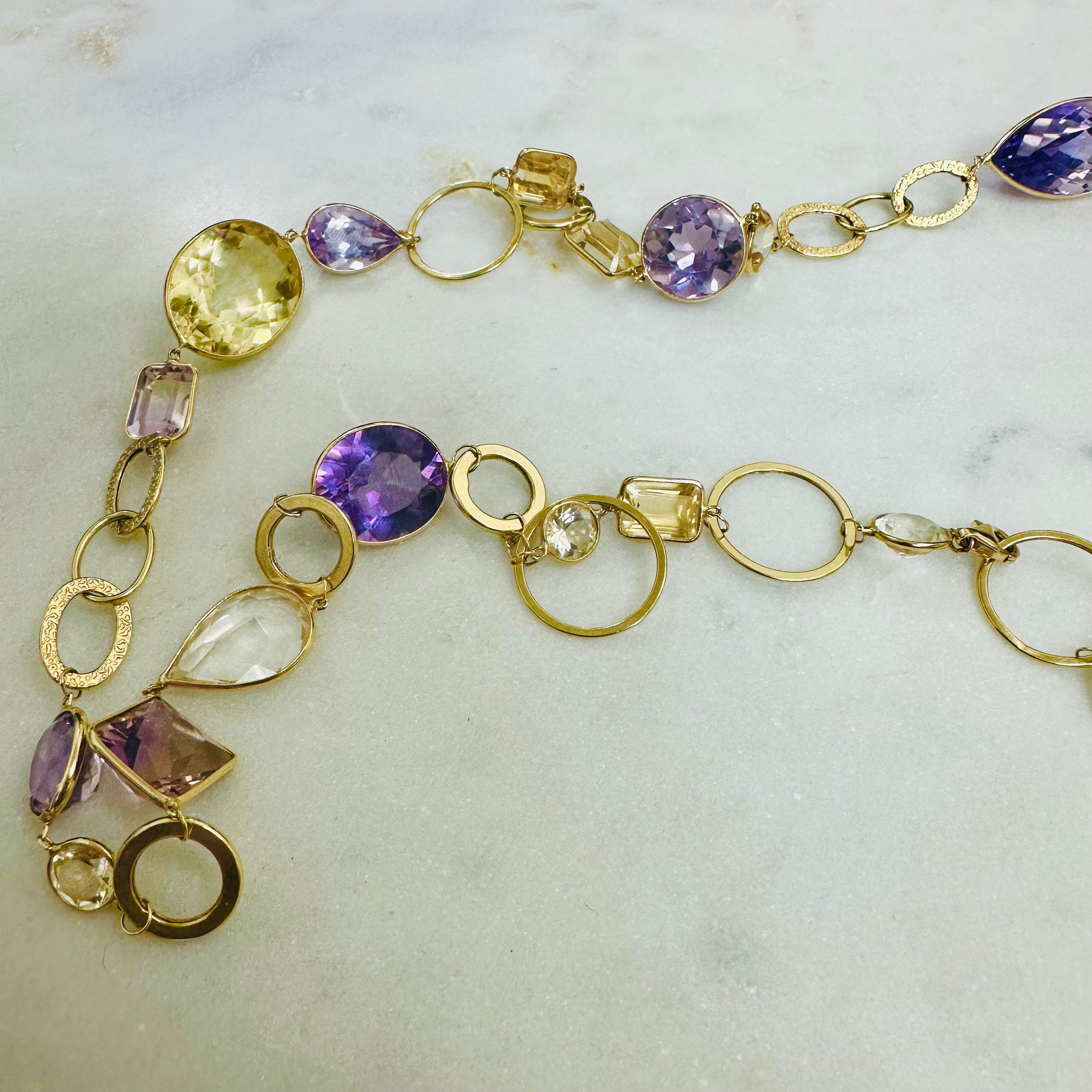 34" Long Solid 14K Yellow Gold Natural Multi Shape Amethyst, Ametrine, and Citri