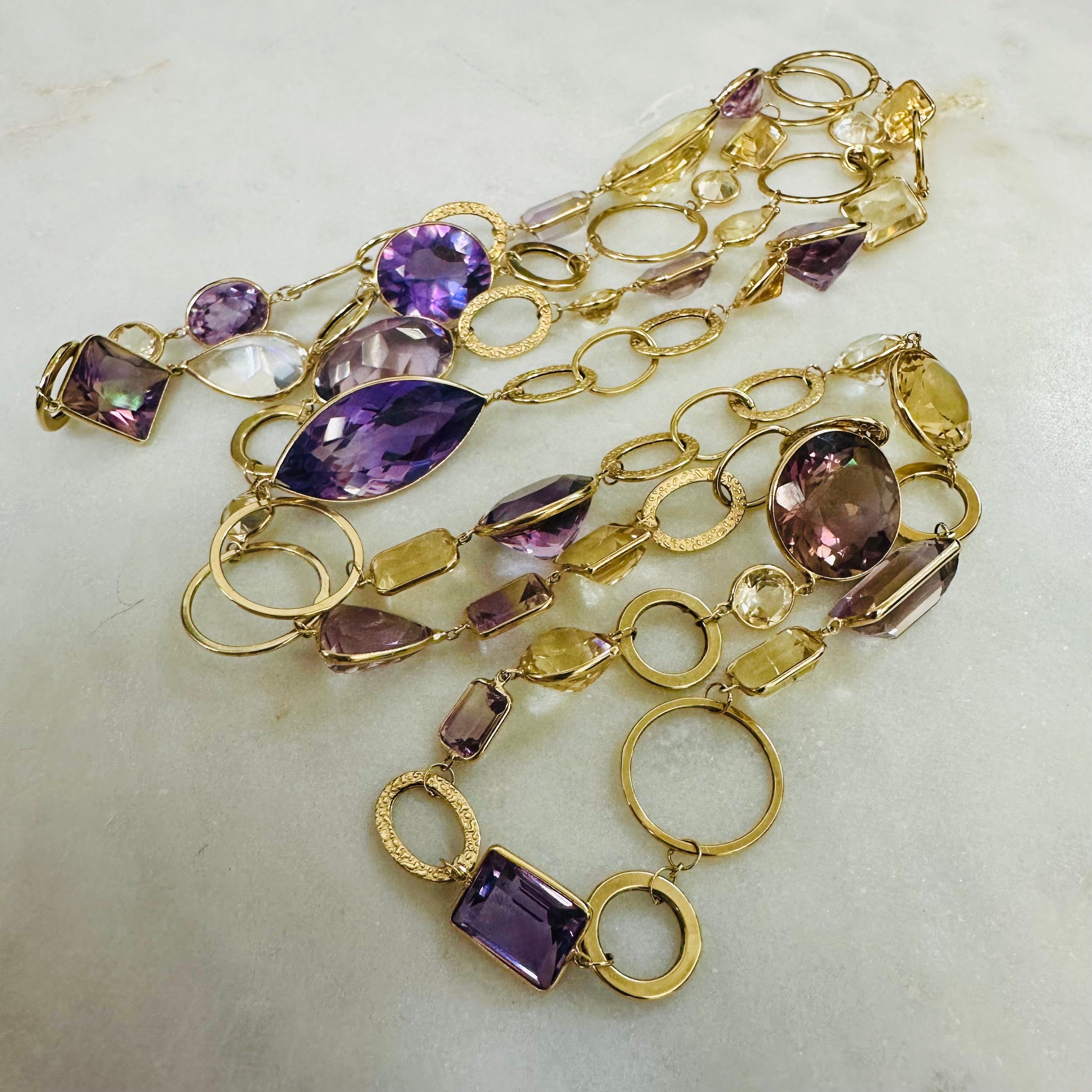 34" Long Solid 14K Yellow Gold Natural Multi Shape Amethyst, Ametrine, and Citri