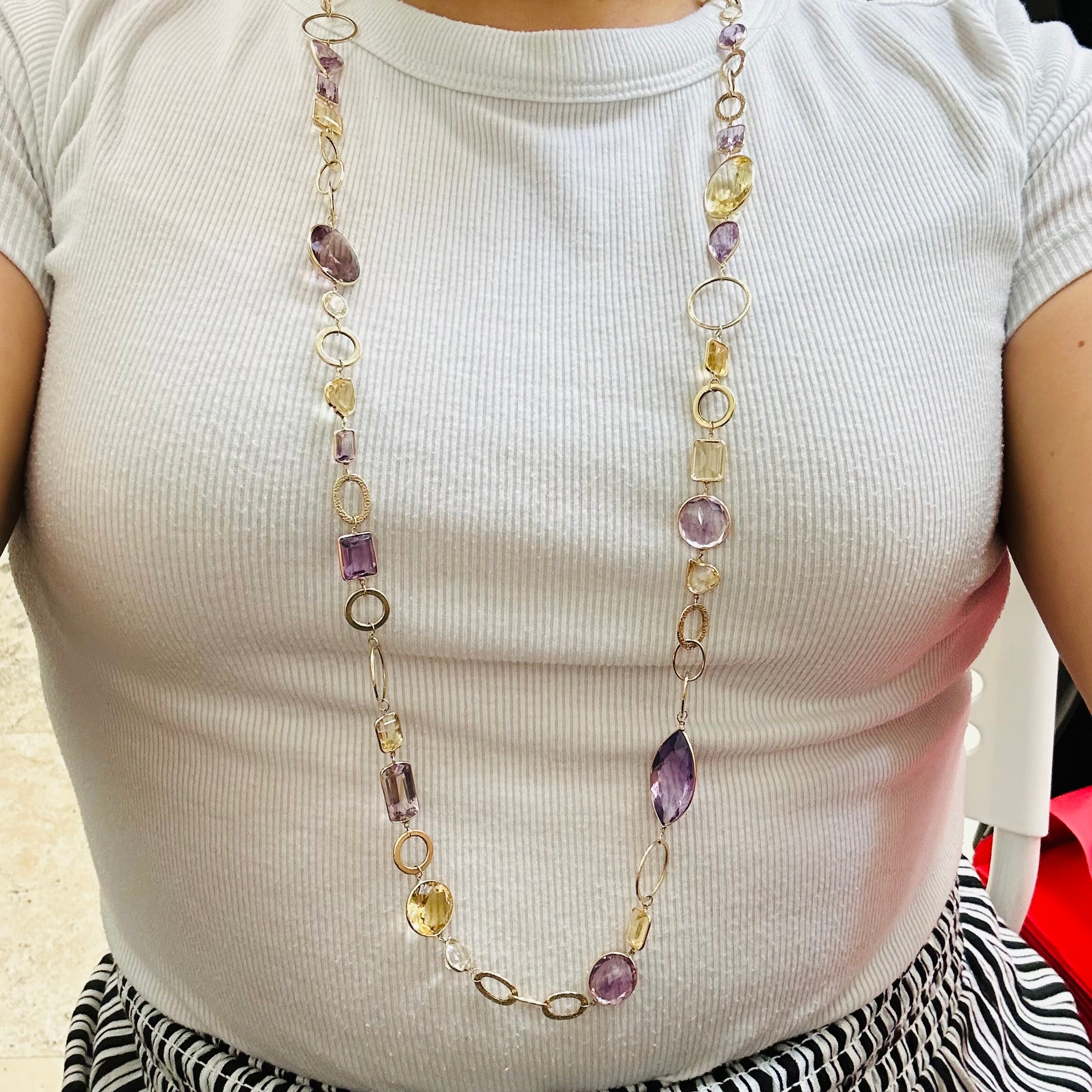 34" Long Solid 14K Yellow Gold Natural Multi Shape Amethyst, Ametrine, and Citri