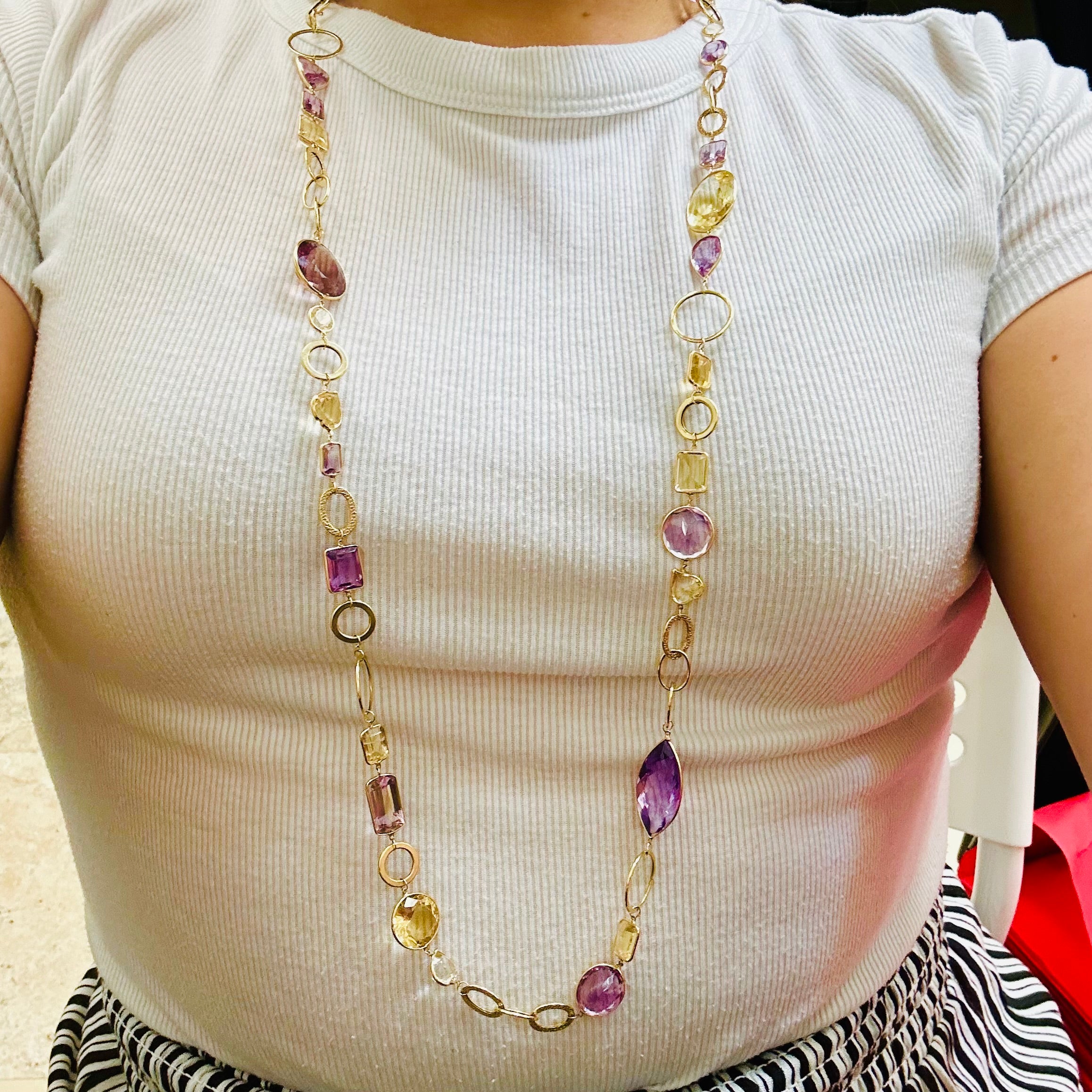 34" Long Solid 14K Yellow Gold Natural Multi Shape Amethyst, Ametrine, and Citri