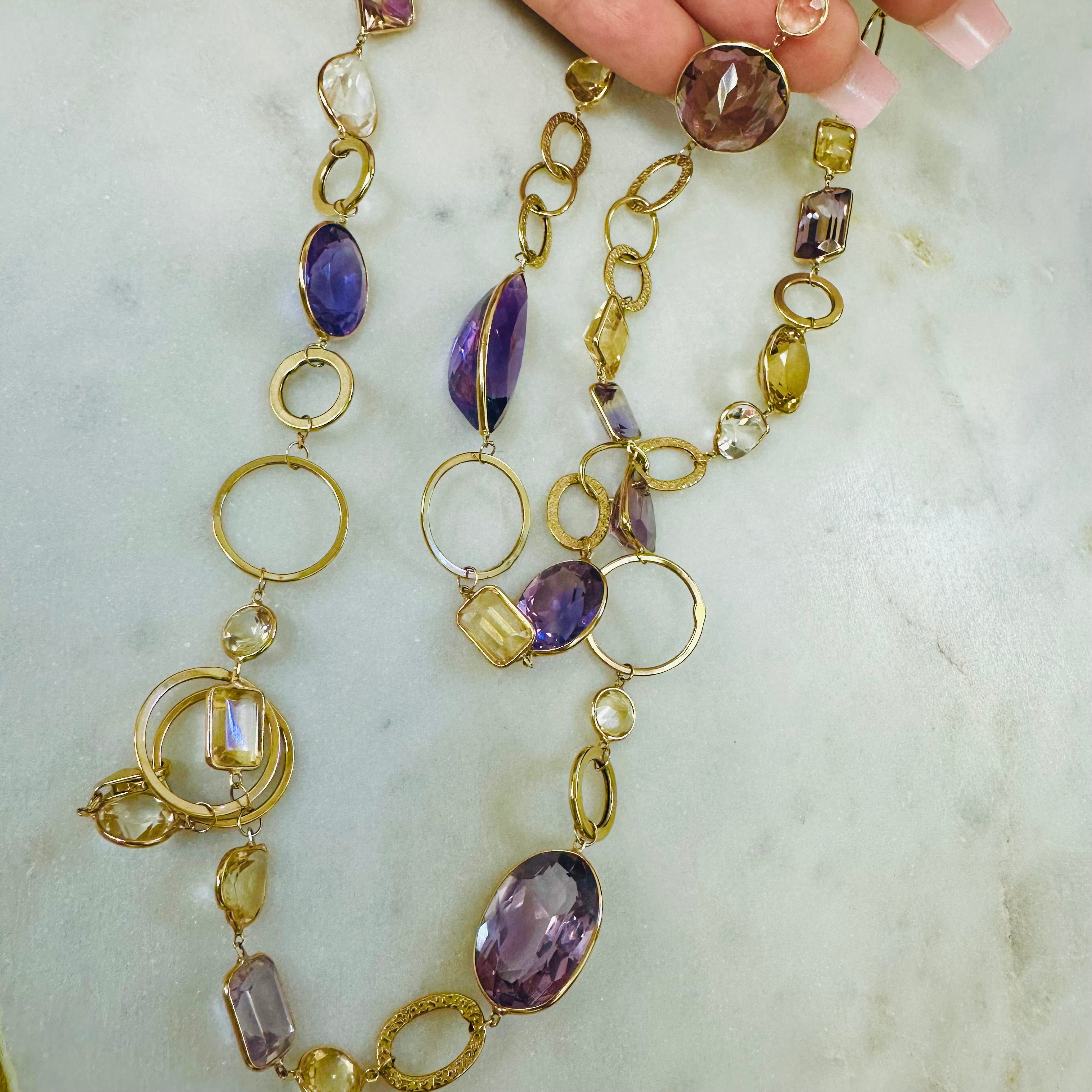 34" Long Solid 14K Yellow Gold Natural Multi Shape Amethyst, Ametrine, and Citri