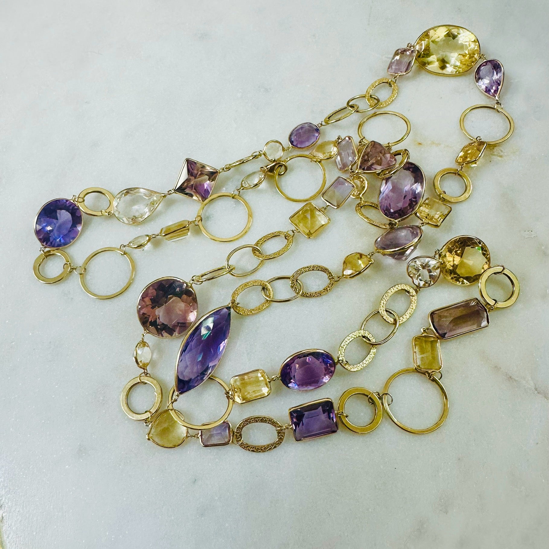 34" Long Solid 14K Yellow Gold Natural Multi Shape Amethyst, Ametrine, and Citri