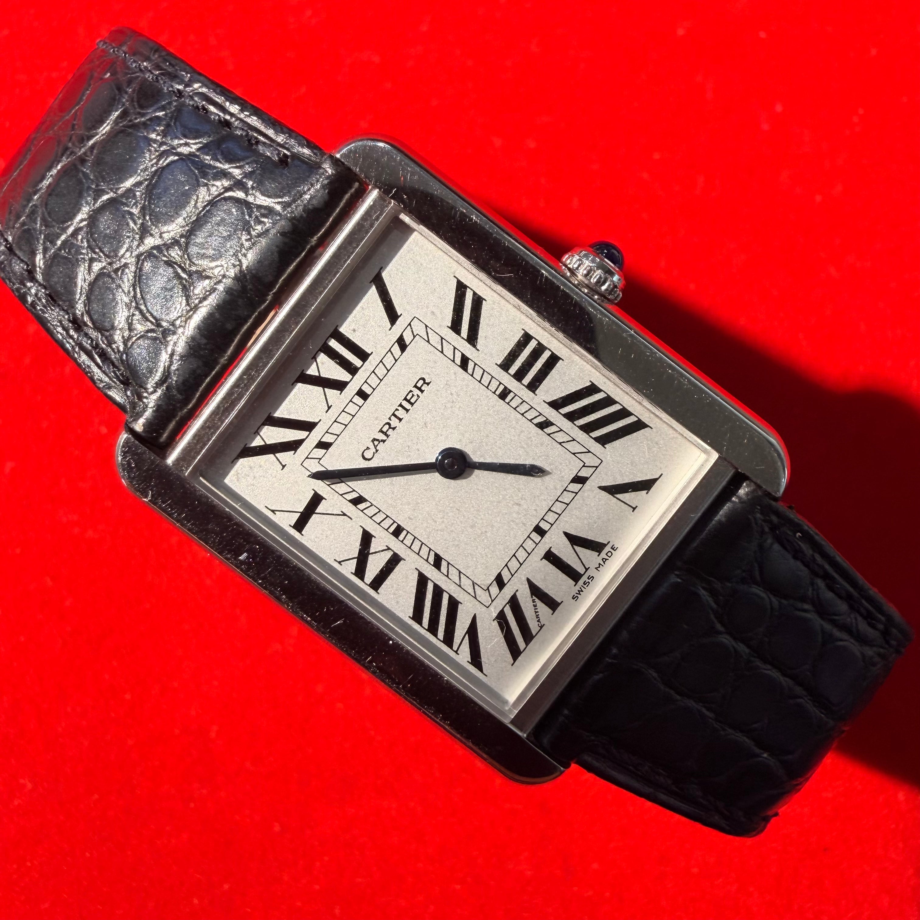 Cartier Tank Solo Large Stainless Steel Black Leather Band Ref.2823 size 7.25”